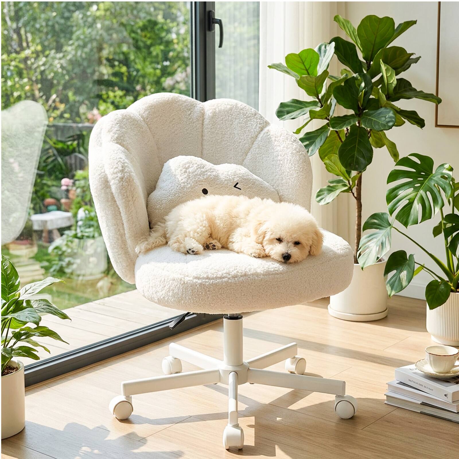 Alt View 7. CloudRest Pro - Petal Vanity Chair with Backrest Upholstered Home Office Chair Height Adjustable Armless Swivel Chair Teddy Fleece - White.