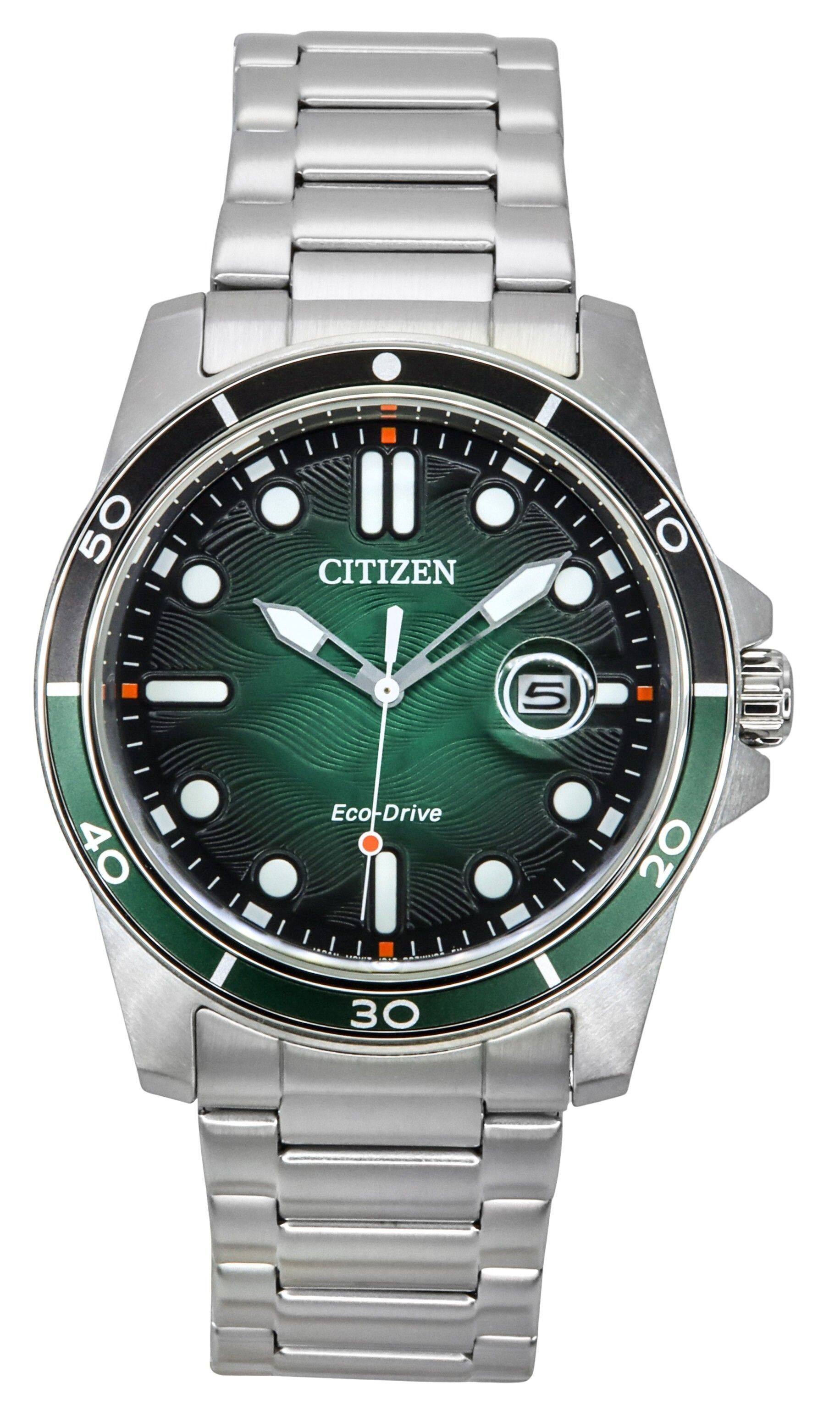 Citizen - Marine Eco-Drive Stainless Steel Green Dial AW1811-82X 100M Men's Watch - Silver