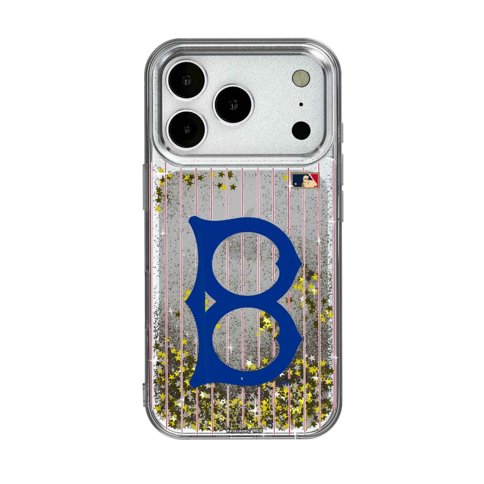 Front. Keyscaper - Brooklyn Dodgers 1949-1957 Cooperstown Pinstripe iPhone Glitter Case - 16 Pro - Multicolor.