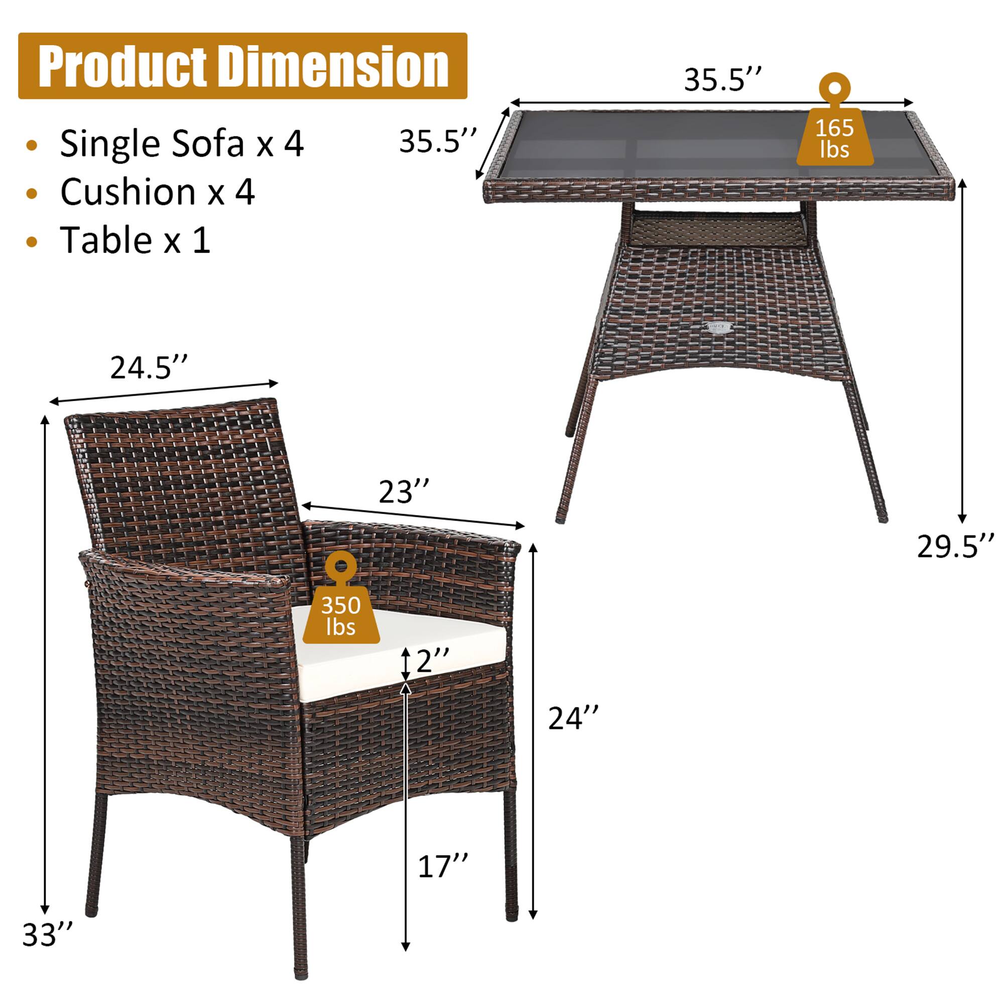 Product Dimension

Single Sofa x 4
35.5"
Cushion x 4
Table x 1

165 lbs
24.5"
23"
29.5"
350 lbs
12"
24"
17"
33"
