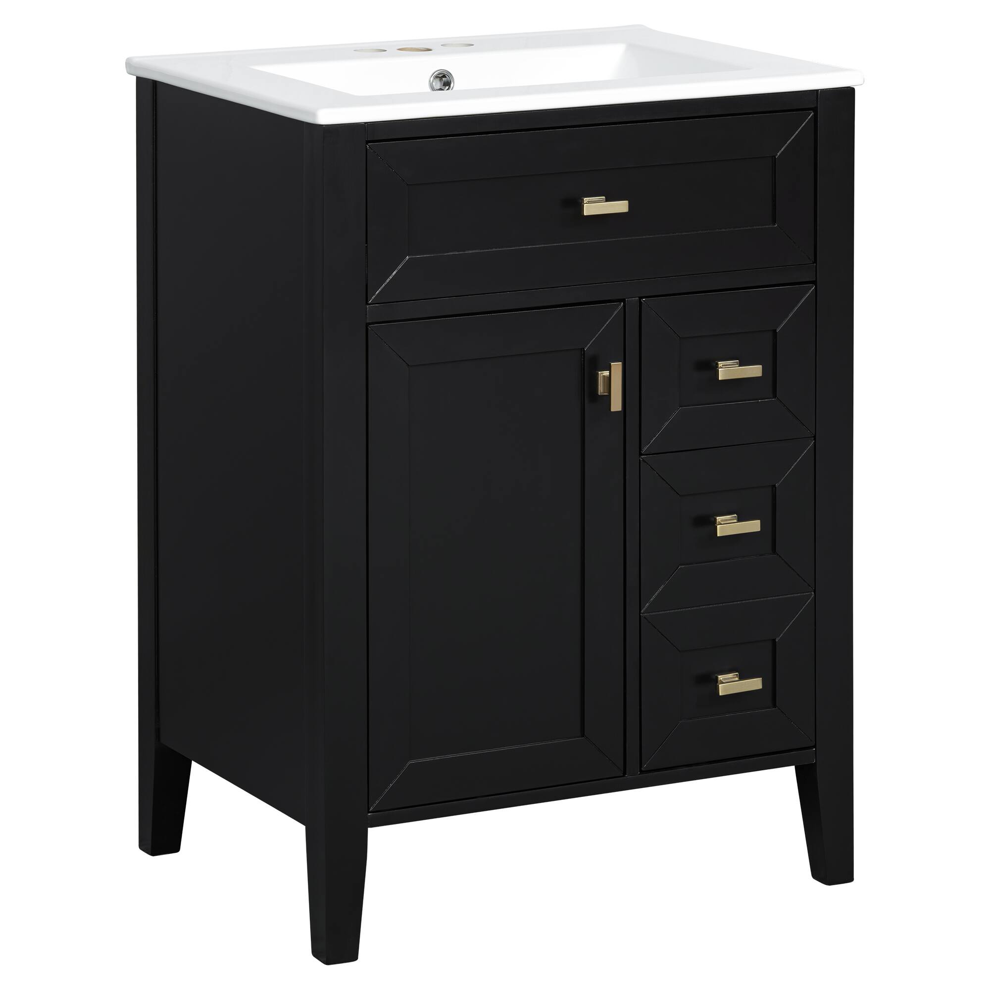 Left. Whisen - 24-Inch Freestanding Bathroom Vanity with Ceramic Sink, 3 Drawers & 2 Door Storage Rack - Black.