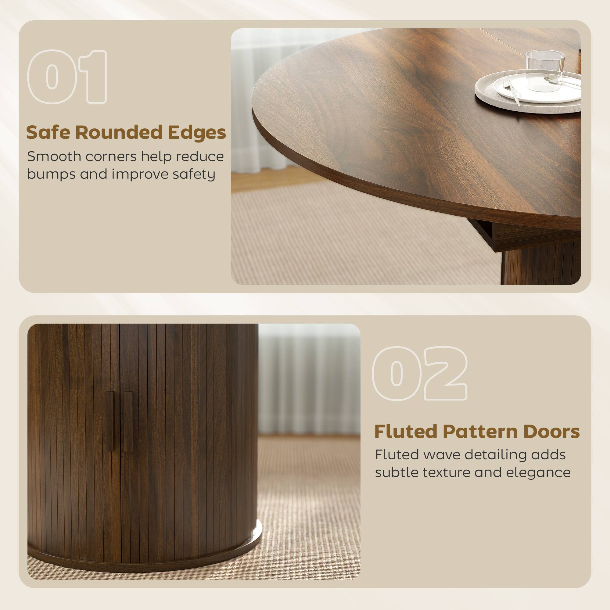 01 Safe Rounded Edges  
Smooth corners help reduce bumps and improve safety  

02 Fluted Pattern Doors  
Fluted wave detailing adds subtle texture and elegance