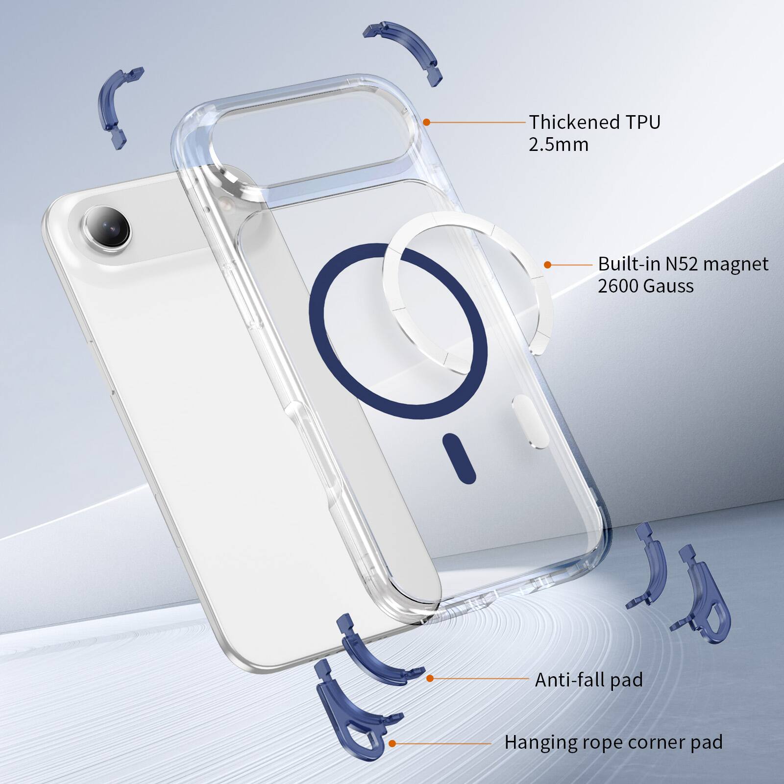 Thickened TPU 2.5mm  
Built-in N52 magnet 2600 Gauss  
Anti-fall pad  
Hanging rope corner pad
