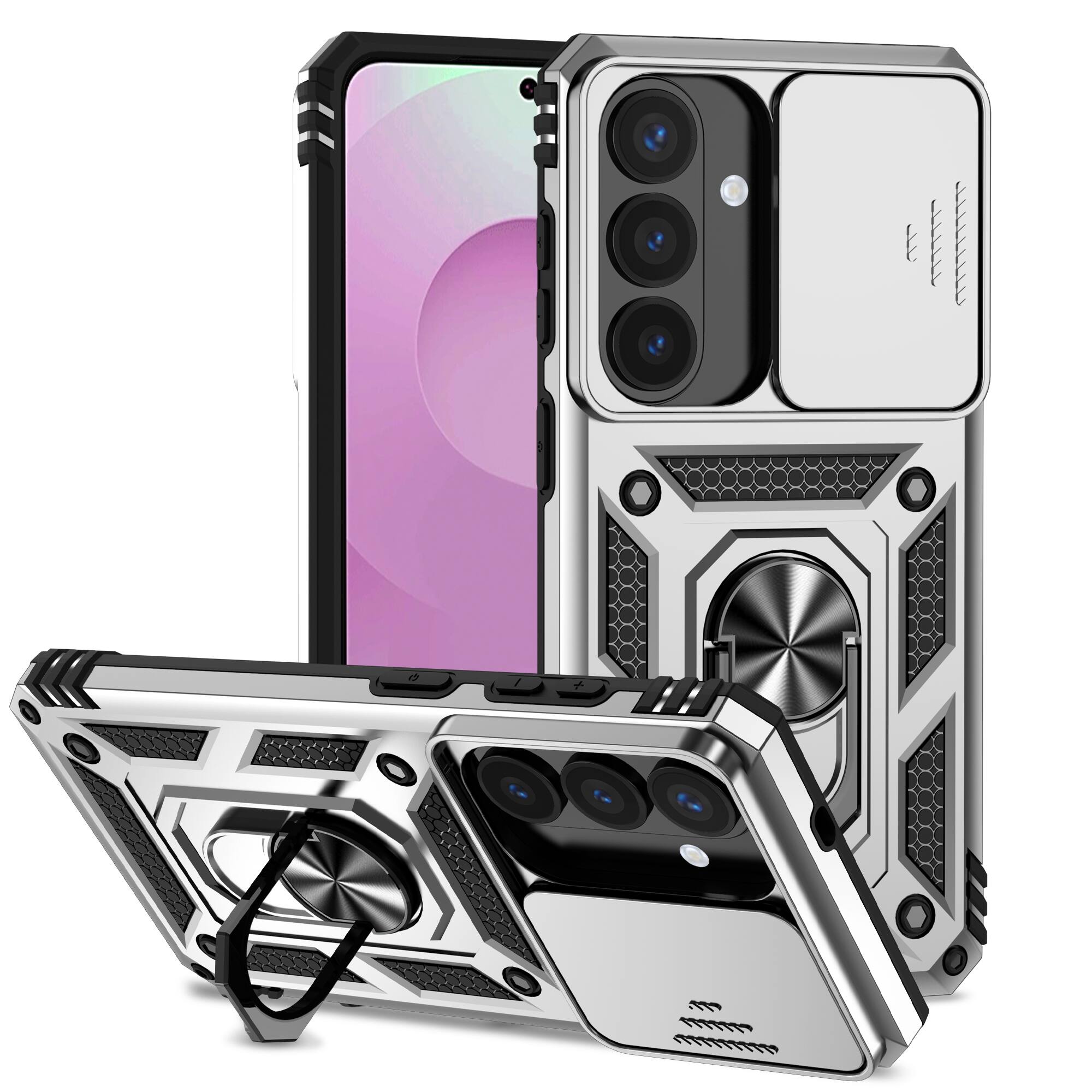 Alt View 1. Dteck - Dteck Rotatable Ring Kickstand Case for Samsung Galaxy S26 Plus, Heavy-Duty Rugged Slide Camera Back Cover - Silver.