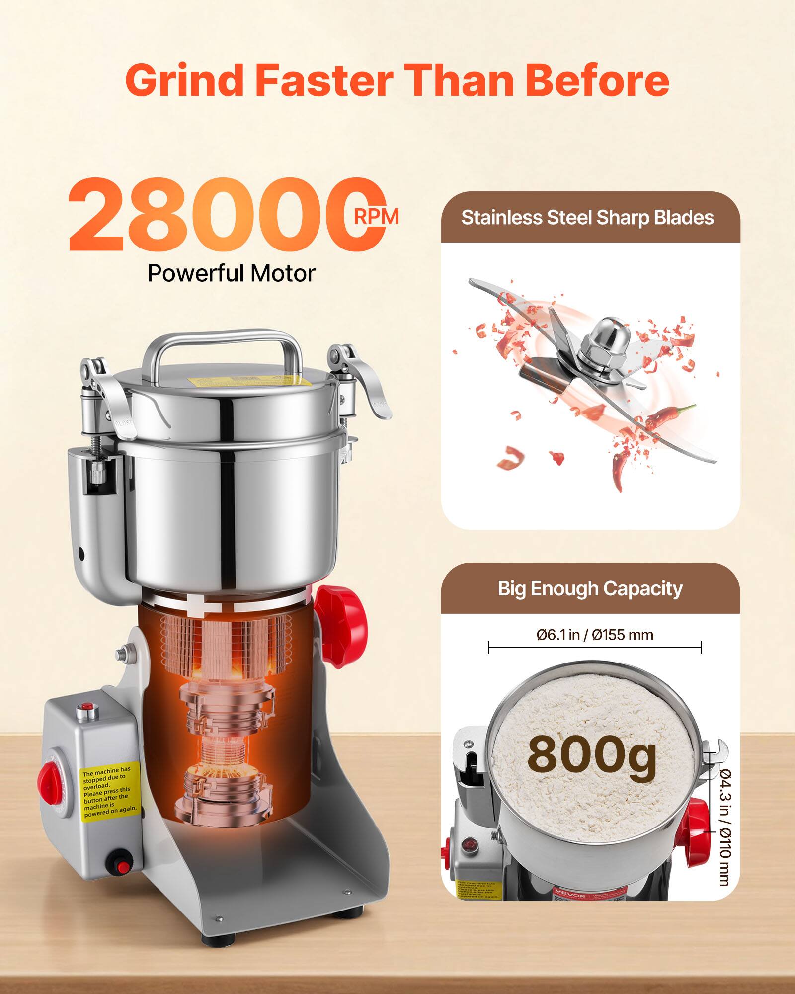 Grind Faster Than Before

28000 RPM
Powerful Motor

Stainless Steel Sharp Blades

Big Enough Capacity
06.1 in / 0155 mm

800g
04.3 in / 0110 mm

The machine has stopped due to overload. Please press this button after the machine is powered on again.