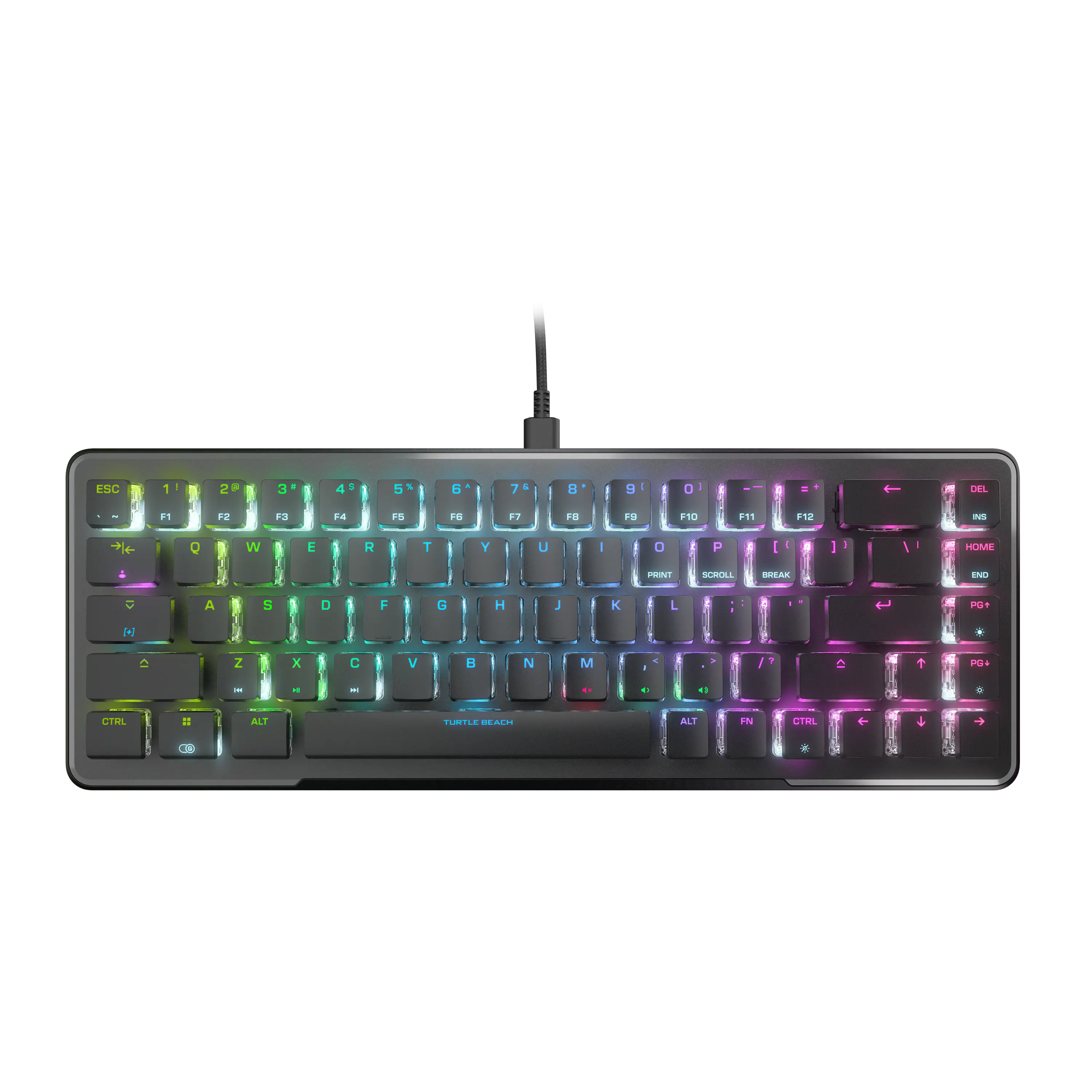 ESC 1 2 3 4 5 6 7 8 9 0 - = DEL  
F1 F2 F3 F4 F5 F6 F7 F8 F9 F10 F11 F12  
A S D F G H J K L ; ' RETURN  
Z X C V B N M , . /  
CTRL FN ALT  
TURTLE BEACH