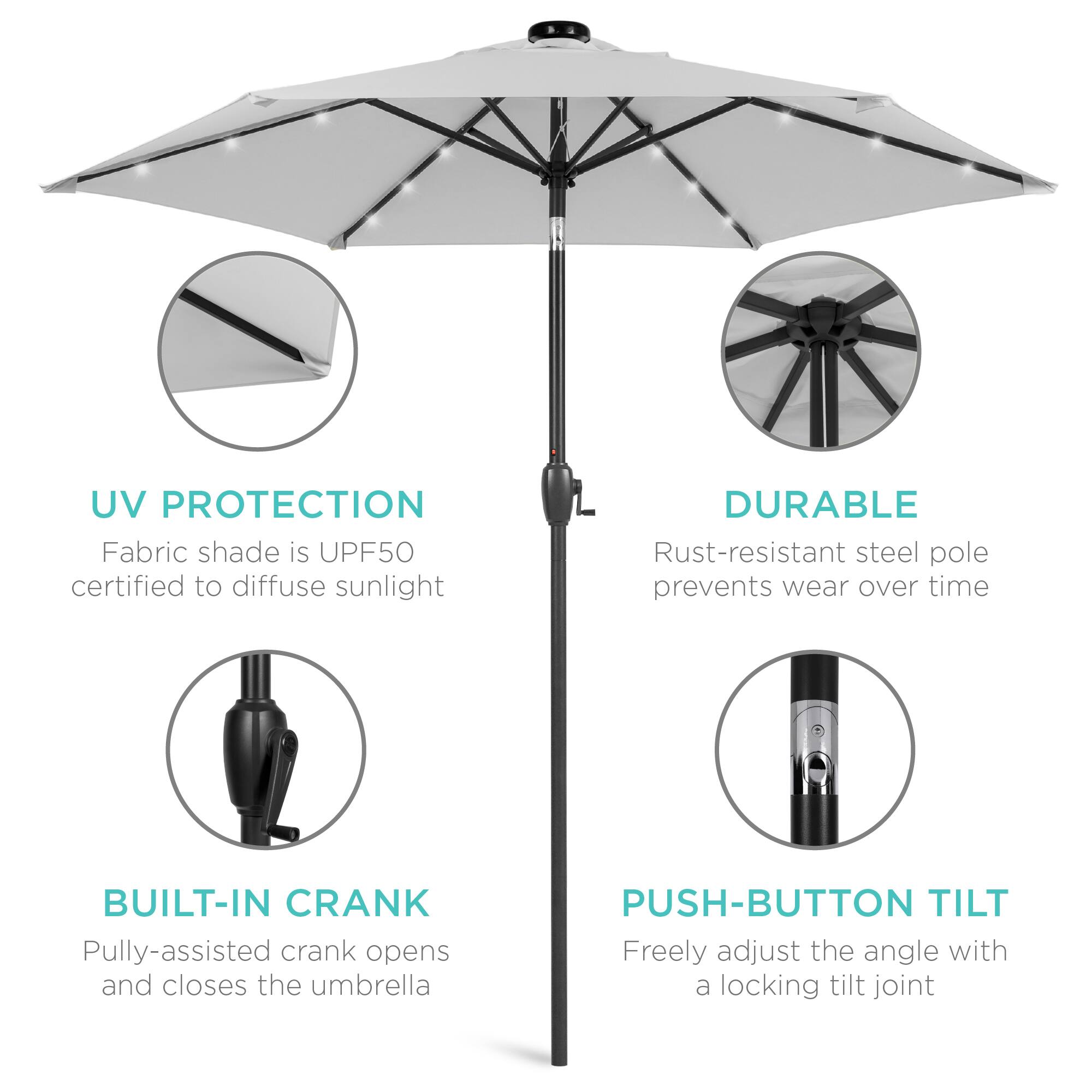 - **UV PROTECTION**  
  Fabric shade is UPF50 certified to diffuse sunlight

- **DURABLE**  
  Rust-resistant steel pole prevents wear over time

- **BUILT-IN CRANK**  
  Pulley-assisted crank opens and closes the umbrella

- **PUSH-BUTTON TILT**  
  Freely adjust the angle with a locking tilt joint