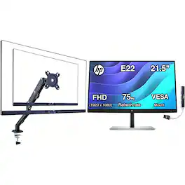 HP - E22 G5 21.5" FHD IPS Monitor, Anti-Glare, Flicker Free, BlackSilver(6N4E8AA#ABA) w/DKZ Hub&Ergoflexy Single Mount Arm - Black/Silver