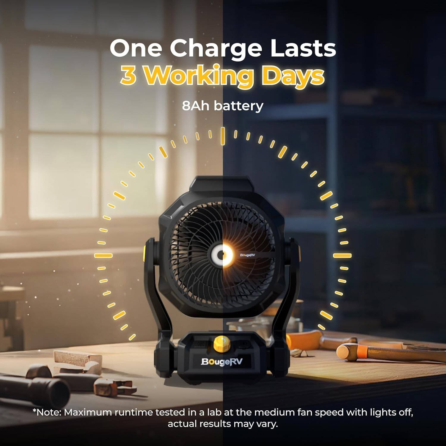One Charge Lasts 3 Working Days  
8Ah battery  

*Note: Maximum runtime tested in a lab at the medium fan speed with lights off, actual results may vary.