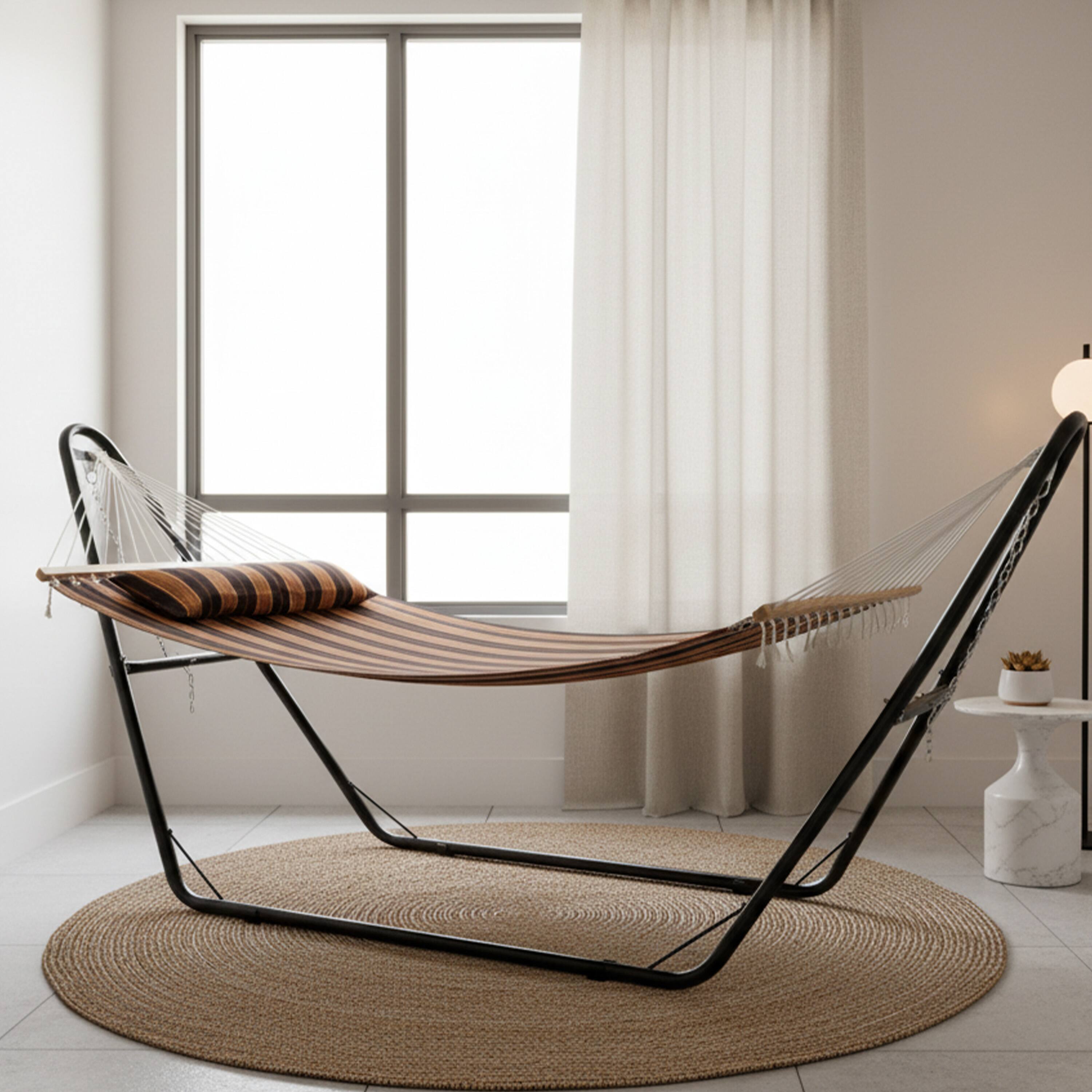 Alt View 9. Sunnydaze - Large Quilted Hammock with Universal Steel Stand - Woodland Stripe.