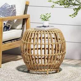 APRILSOUL - Boho Chic 30in Faux Rattan Side Table Handcrafted All-Weather PE Woven Texture - Light Brown