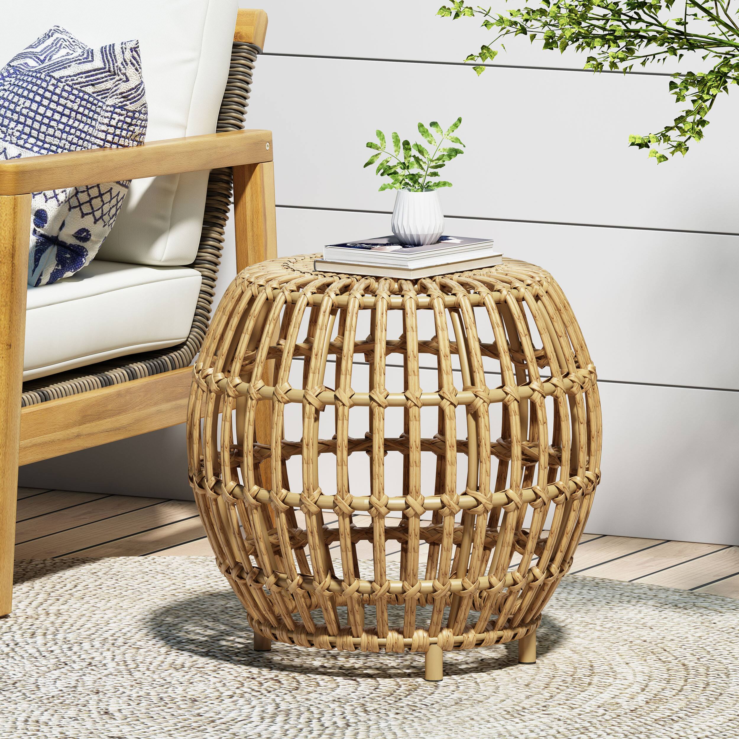Front. APRILSOUL - Boho Chic 30in Faux Rattan Side Table Handcrafted All-Weather PE Woven Texture - Light Brown.
