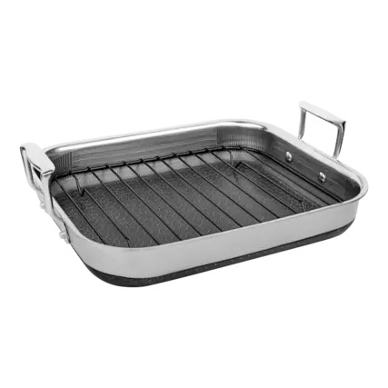 Front. Livwell Brands - DiamondClad™ 14-inch Hybrid Nonstick Stainless Steel Roasting Pan with Basket, Dishwasher Safe, PFOA-free – Silver/Black - Silver/Black.