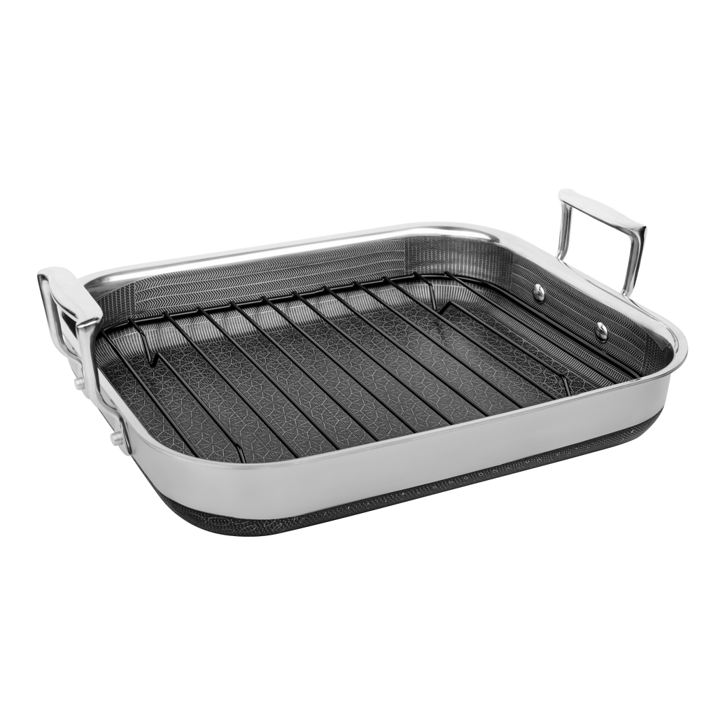 Front. Livwell Brands - DiamondClad™ 14-inch Hybrid Nonstick Stainless Steel Roasting Pan with Basket, Dishwasher Safe, PFOA-free – Silver/Black - Silver/Black.