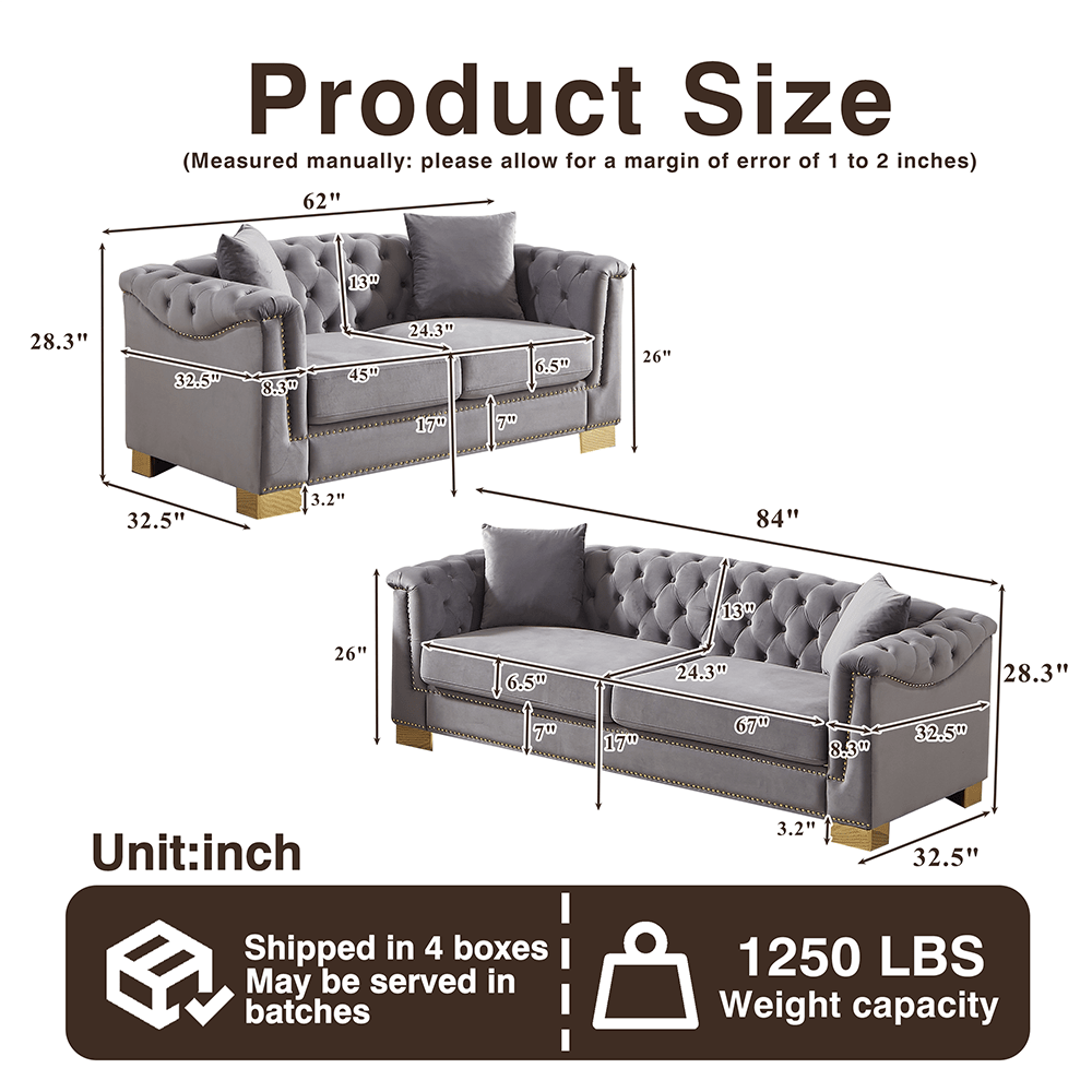 Product Size (Measured manually: please allow for a margin of error of 1 to 2 inches)  
62"  
13"  
28.3"  
32.5"  
8.3"  
45"  
24.3"  
6.5"  
26"  
17"  
7"  
32.5"  
3.2"  
84"  
13"  
26"  
6.5"  
24.3"  
28.3"  
7"  
67"  
8.3"  
32.5"  
3.2"  
32.5"  

Unit: inch  

Shipped in 4 boxes  
May be served in batches  

1250 LBS Weight capacity