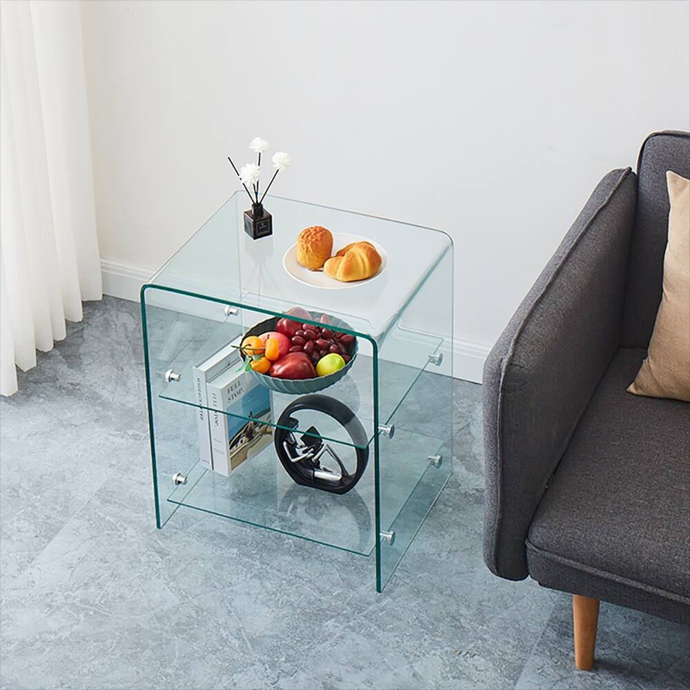 Angle. Loheer - Loheer Tempered Glass Side Table Clear Sofa Table Transparent End Table Bent Glass Couch Desk for Living Room - Clear.