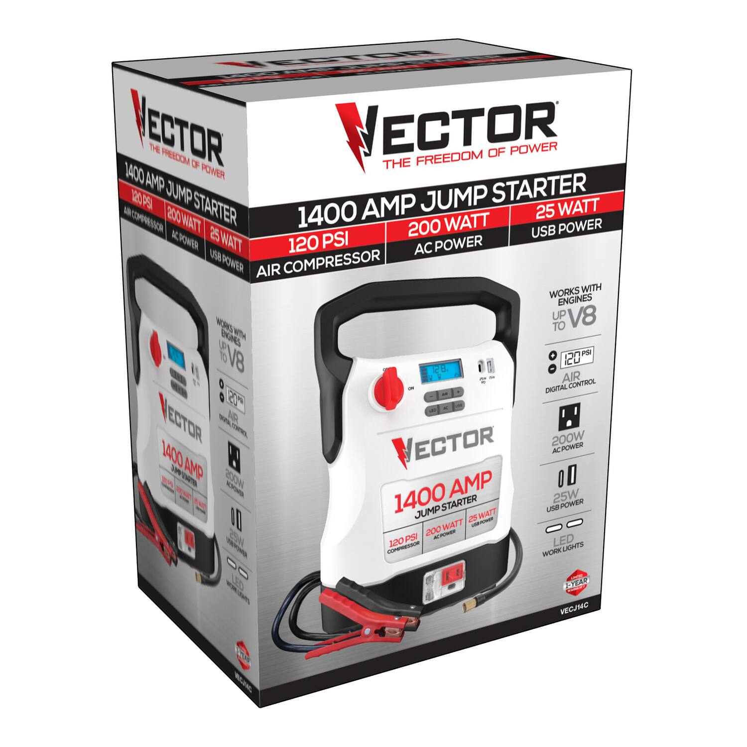 VECTOR  
THE FREEDOM OF POWER  

1400 AMP JUMP STARTER  
120 PSI  
200 WATT AC POWER  
25 WATT USB POWER  

1400 AMP JUMP STARTER  
120 PSI  
200 WATT AC POWER  
25 WATT USB POWER  

AIR COMPRESSOR  
WORKS WITH ENGINES UP TO V8  

DIGITAL AIR CONTROL  
LED WORK LIGHTS  

VECTOR  
1400 AMP JUMP STARTER  
120 PSI  
200 WATT AC POWER  
25 WATT USB POWER  

VECTOR  
1400 AMP JUMP STARTER  
120 PSI  
200 WATT AC POWER  
25 WATT USB POWER  

VECTOR  
1400 AMP JUMP STARTER  
120 PSI  
200 WATT AC POWER  
25 WATT USB POWER  

VECTOR  
1400 AMP JUMP STARTER  
120 PSI  
200 WATT AC POWER  
25 WATT USB POWER  

VECTOR  
1400 AMP JUMP STARTER  
120 PSI  
200 WATT AC POWER  
25 WATT USB POWER  

VECTOR