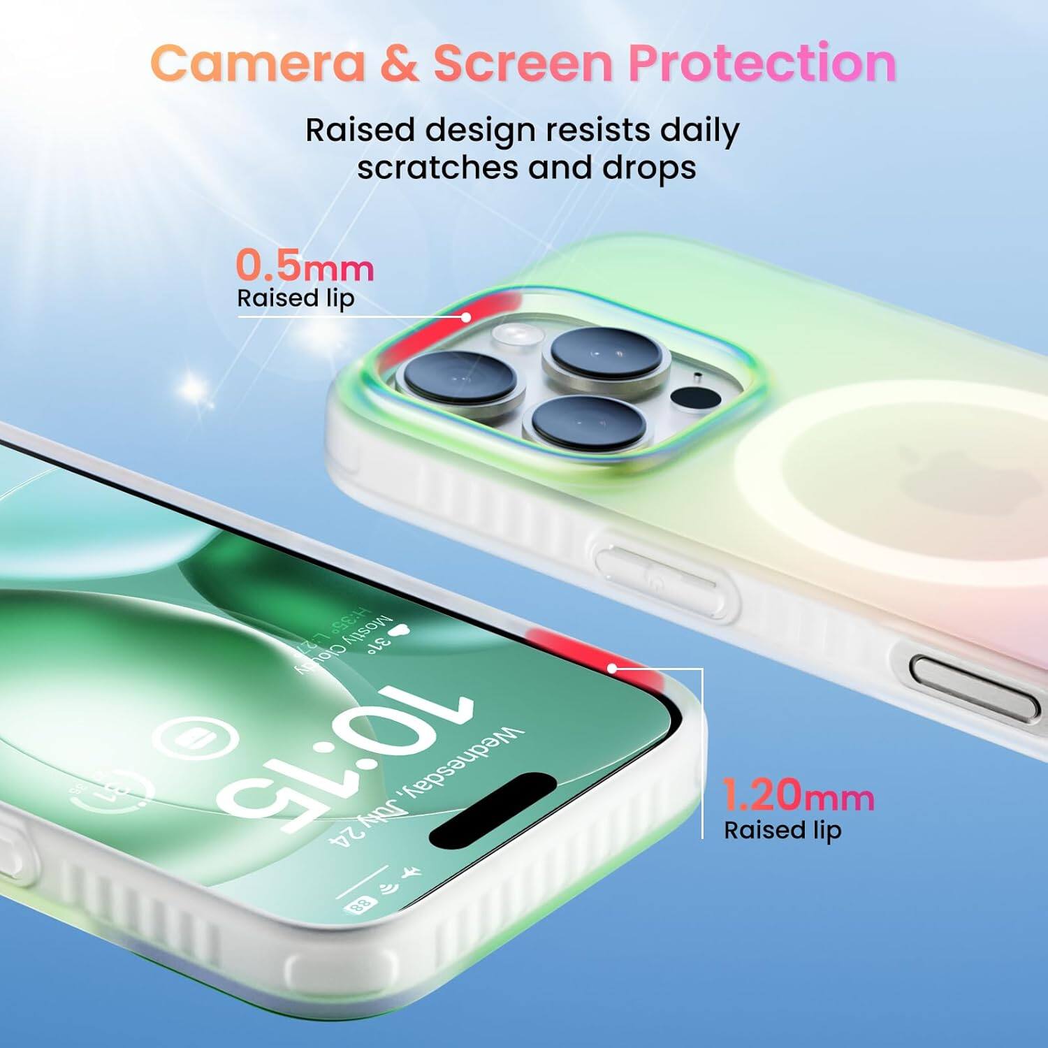 Camera & Screen Protection
Raised design resists daily scratches and drops
0.5mm Raised lip
1.20mm Raised lip