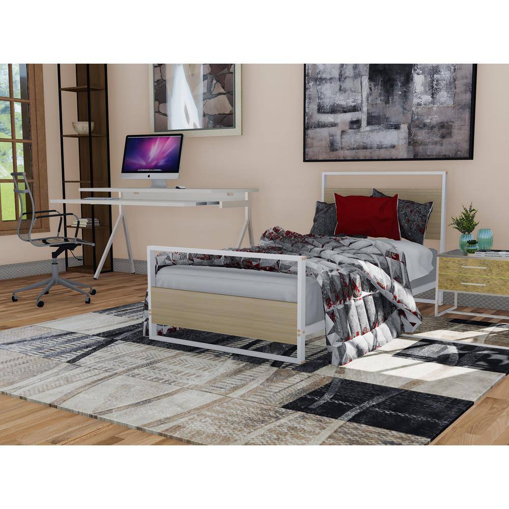 Alt View 2. East West Furniture - Erie metal bed frame with 4 Metal Legs - Lavish Bed in Powder Coating White Color and White Wood laminate - White.