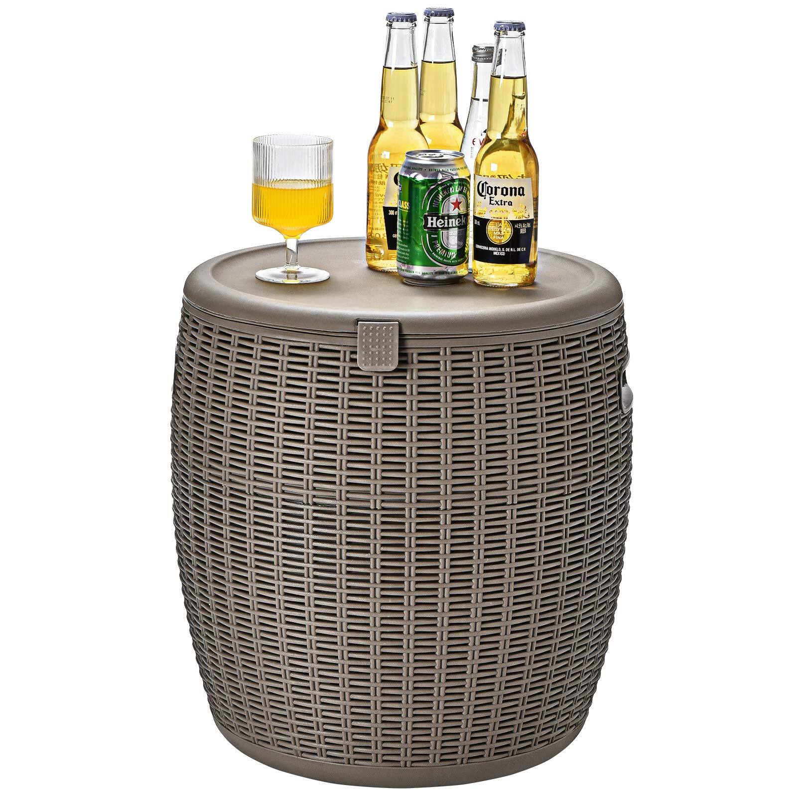 Ecooso - 9.5 Gallon 4-in-1 Patio Rattan Cool Bar Cocktail Table Side Table - Brown