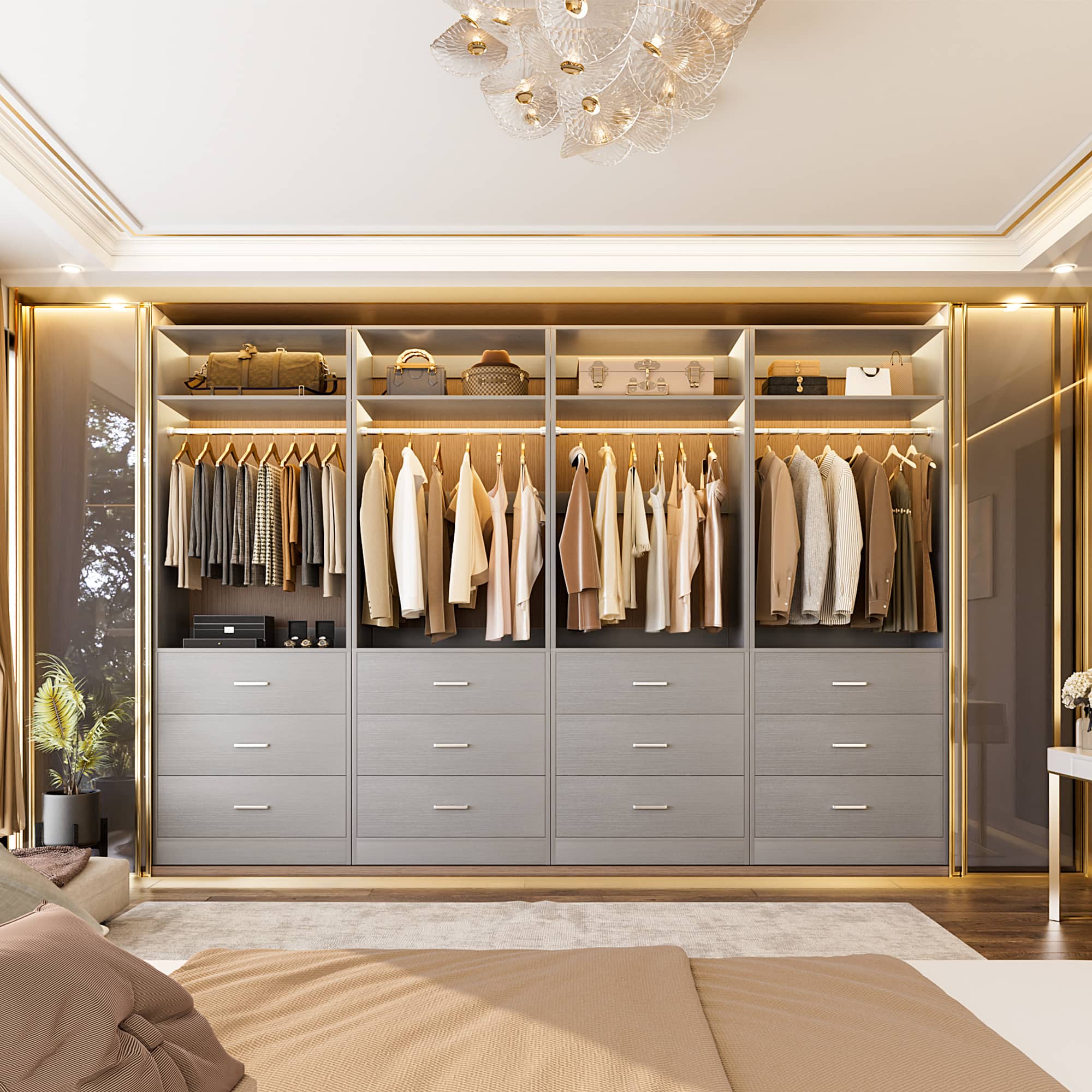 Front. Aheaplus - Set of 4 Heavy Duty 96" Walk-In Closet with 12 Wood Drawers, 4 Rods & 4 Shelves - White.