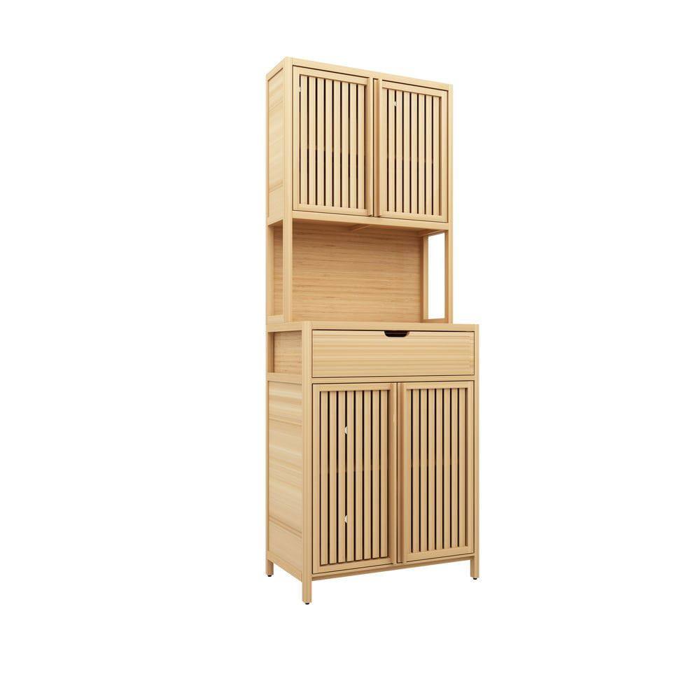 Left. Kadyn - 72-foot-tall, Wood-coloured, Double-door bamboo high-capacity storage cabinet for main living spaces - Brown.