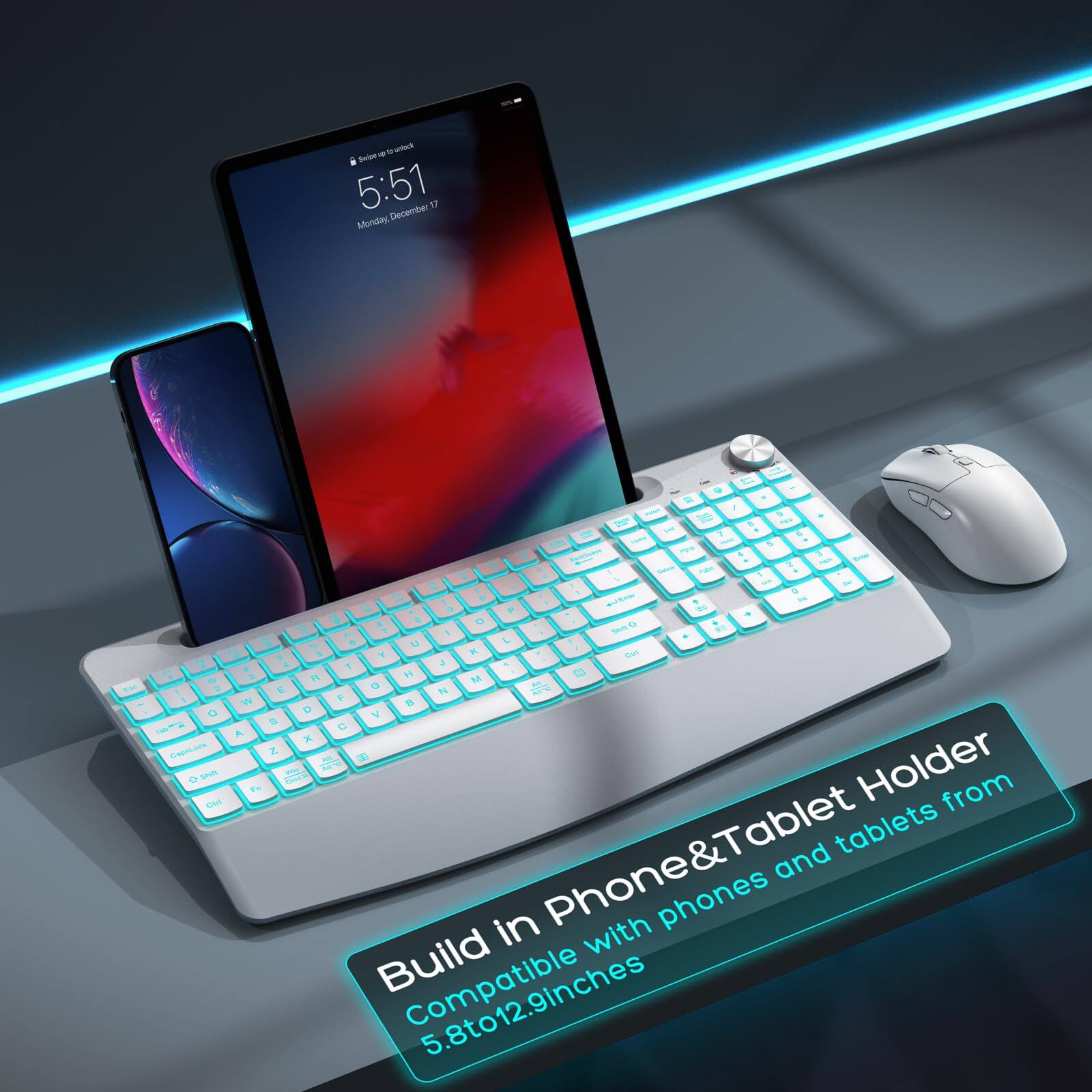 5:51  
Monday, December 17  

Build in Phone&Tablet Holder  
Compatible with phones and tablets from 5.8" to 12.9" inches