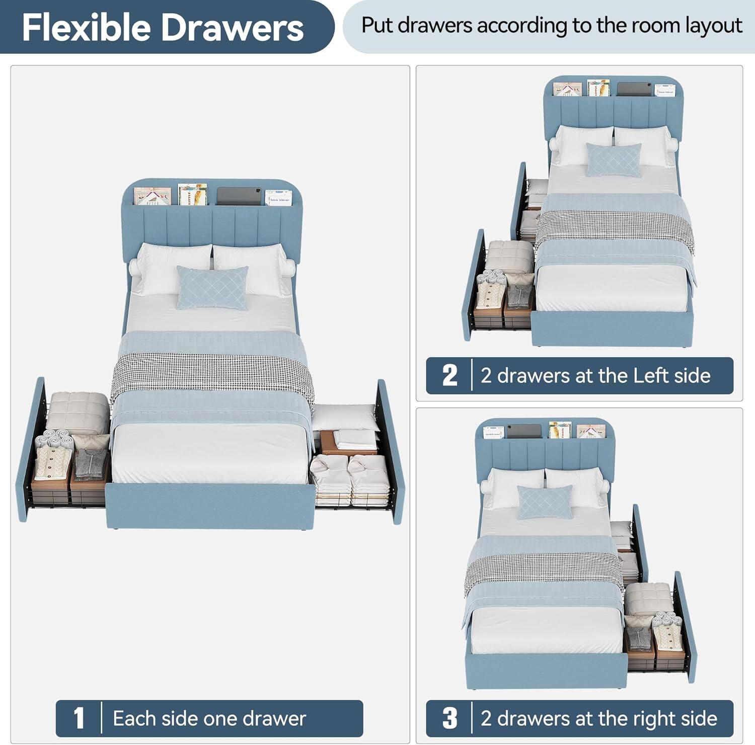 Flexible Drawers

Put drawers according to the room layout

1. Each side one drawer

2. 2 drawers at the left side

3. 2 drawers at the right side