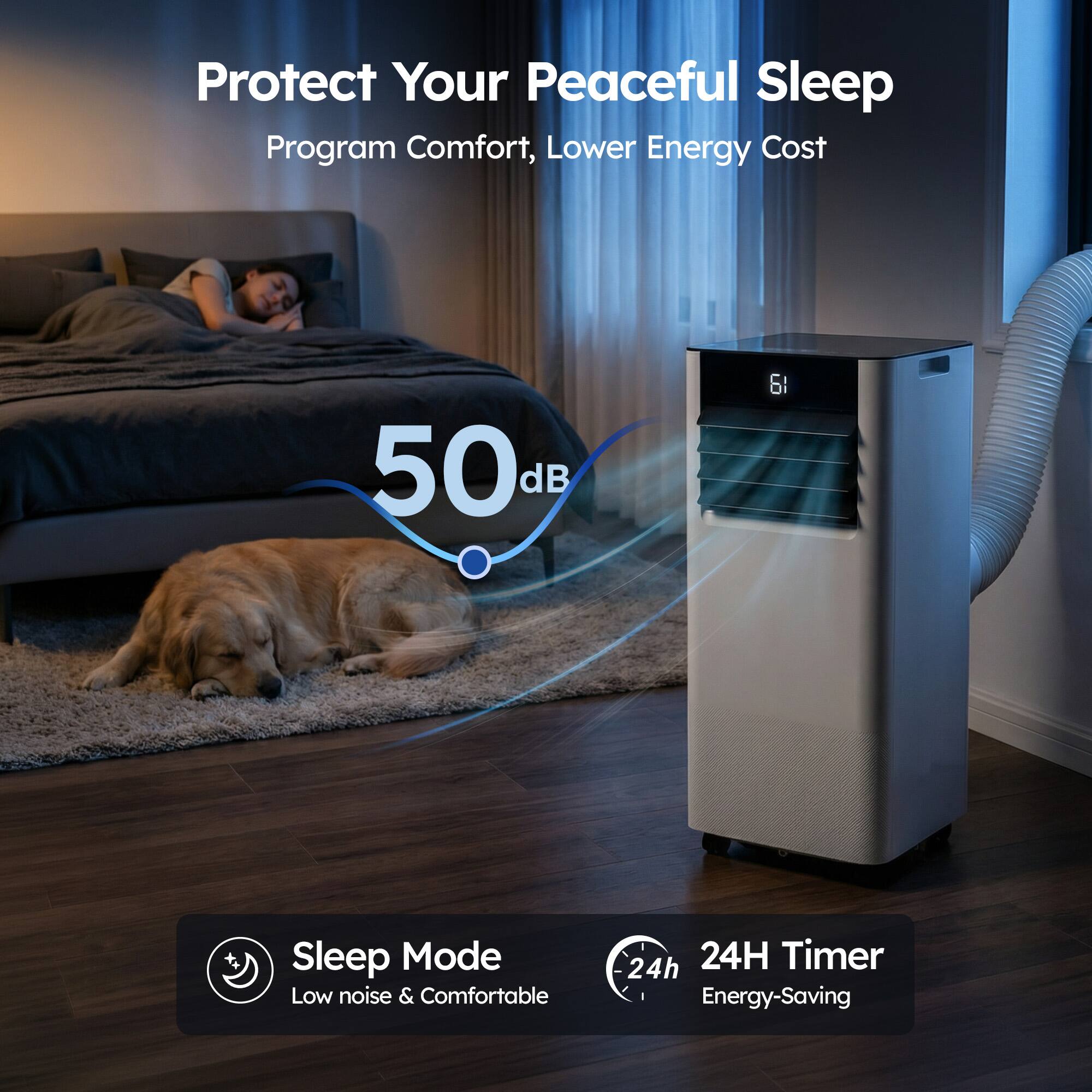Protect Your Peaceful Sleep  
Program Comfort, Lower Energy Cost  

50 dB  

Sleep Mode  
Low noise & Comfortable  

24H Timer  
Energy-Saving