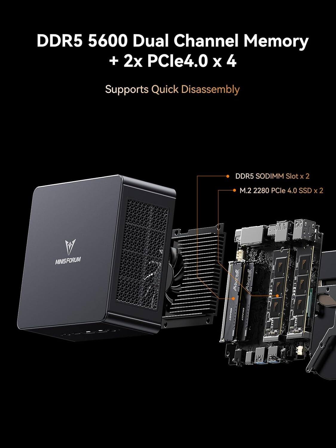 DDR5 5600 Dual Channel Memory + 2x PCIe4.0 x 4 Supports Quick Disassembly DDR5 SODIMM Slot x 2 M.2 2280 PCIe 4.0 SSD x 2 MINISFORUM