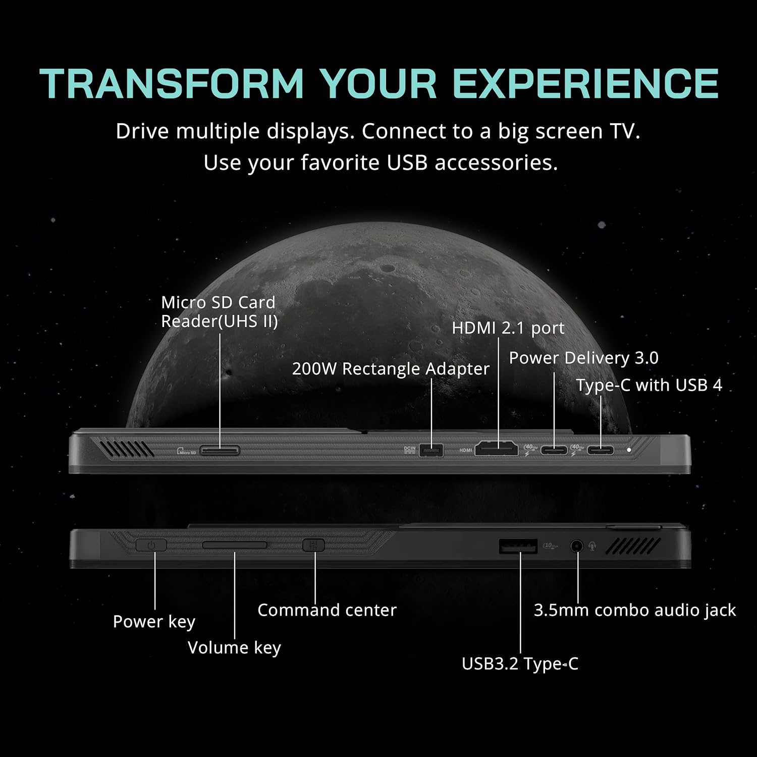 TRANSFORM YOUR EXPERIENCE  
Drive multiple displays. Connect to a big screen TV. Use your favorite USB accessories.  

- Micro SD Card Reader (UHS II)  
- HDMI 2.1 port  
- Power Delivery 3.0  
- 200W Rectangle Adapter  
- Type-C with USB 4  
- Power key  
- Command center  
- Volume key  
- 3.5mm combo audio jack  
- USB3.2 Type-C