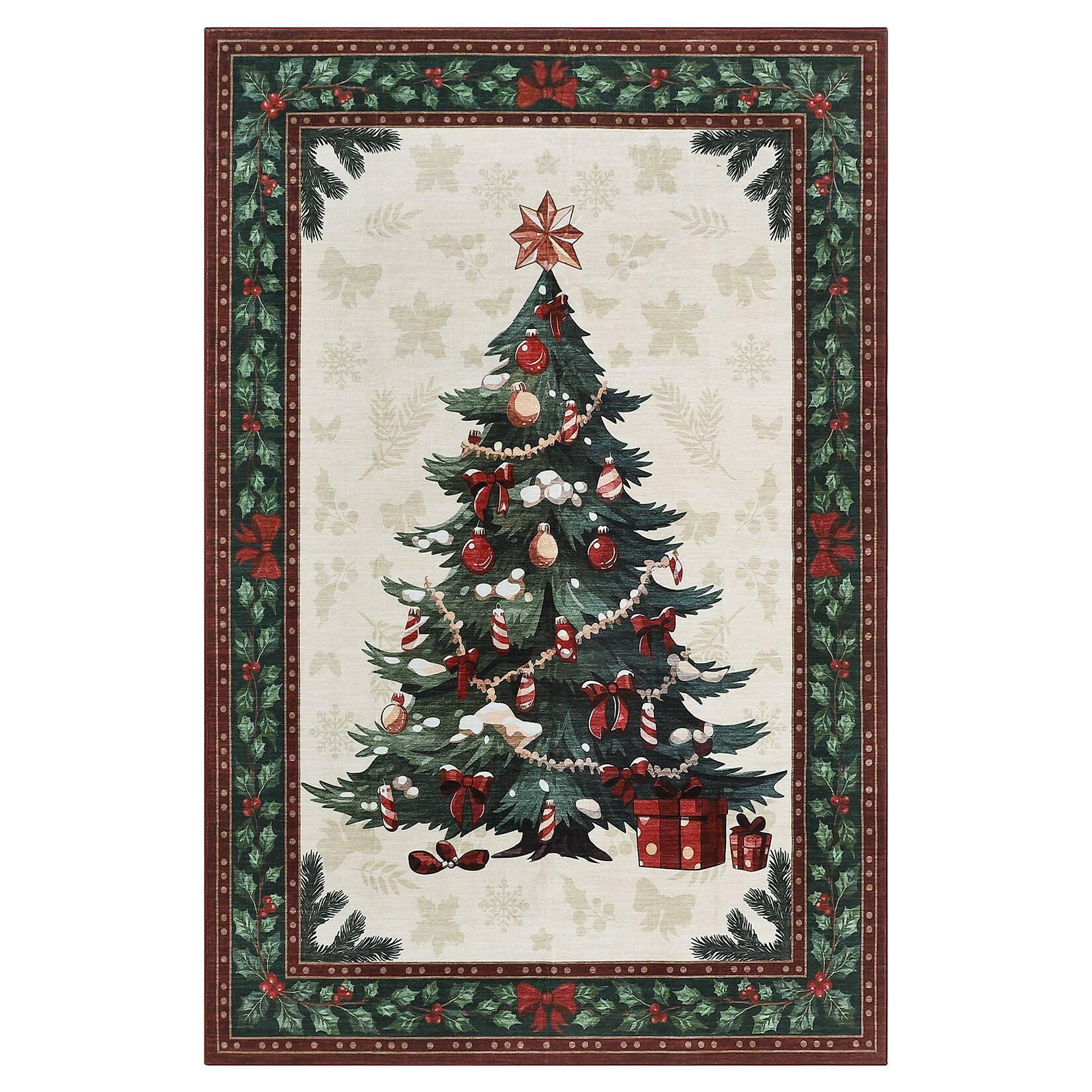 Acekool - Christmas Tree 4x6 Washable Area Rugs,Indoor Untra-Thin Rug for Entryway Kitchen Living Room Floor - Red