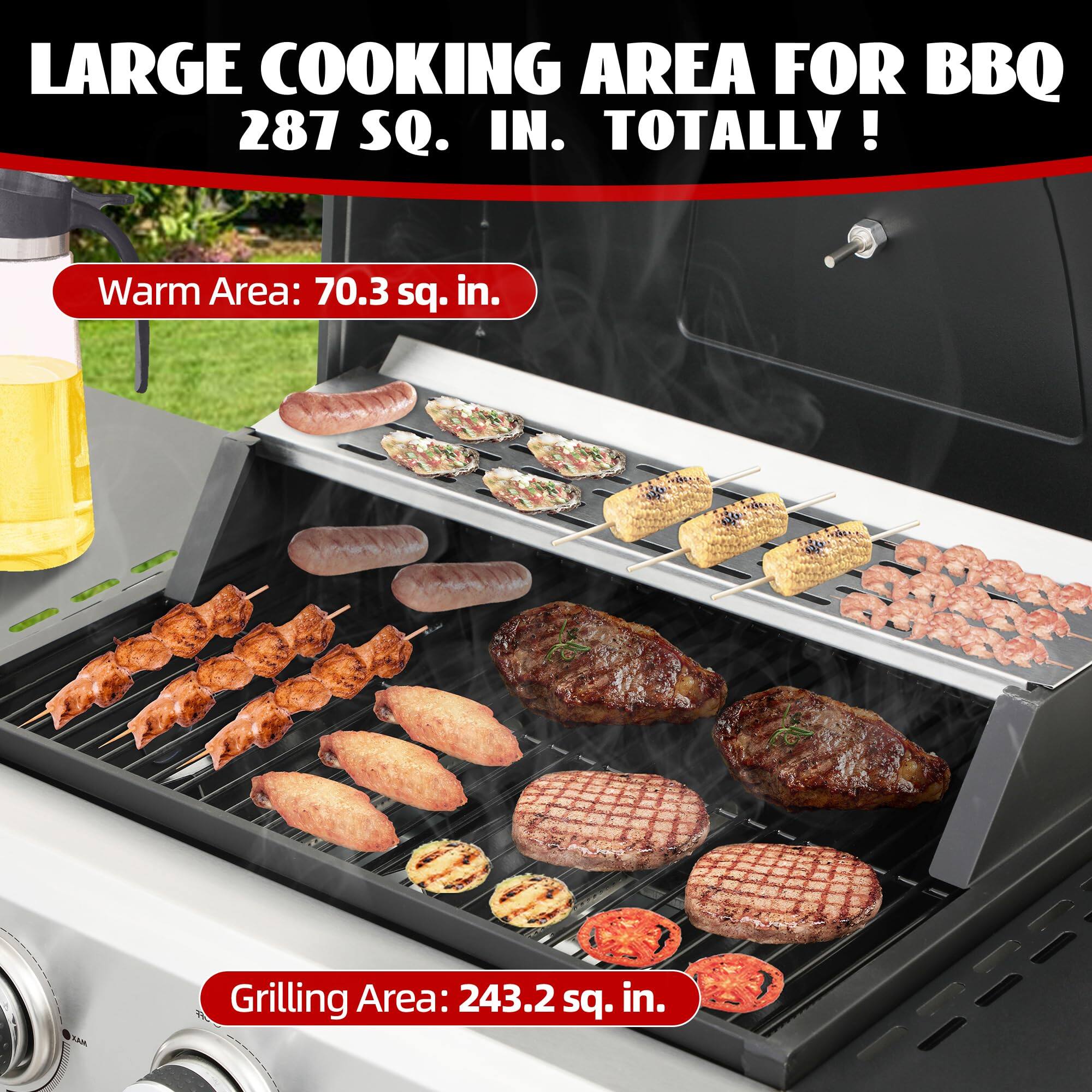LARGE COOKING AREA FOR BBQ  
287 SQ. IN. TOTALLY!  

Warm Area: 70.3 sq. in.  

Grilling Area: 243.2 sq. in.