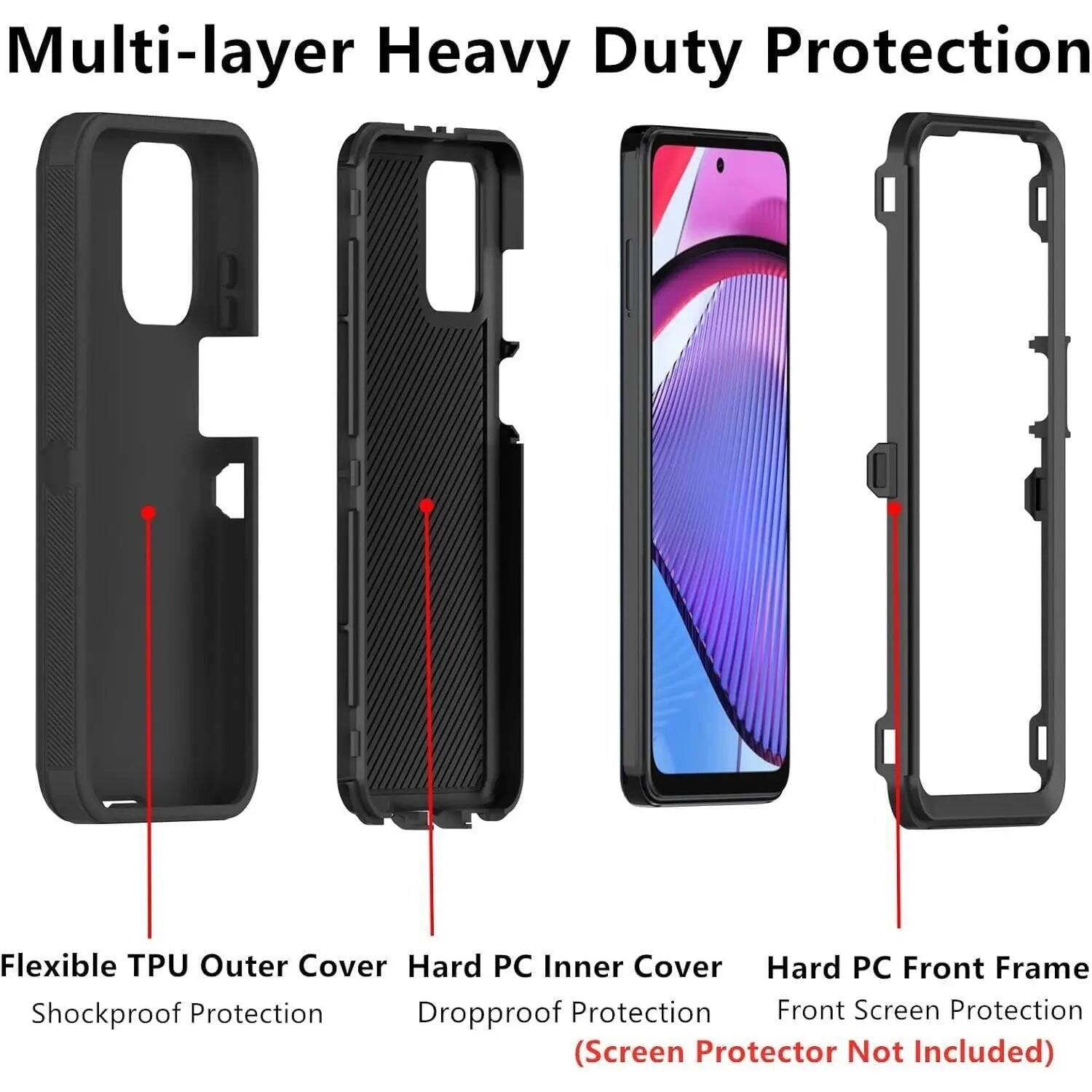 Multi-layer Heavy Duty Protection

Flexible TPU Outer Cover
Hard PC Inner Cover
Hard PC Front Frame

Shockproof Protection
Dropproof Protection
Front Screen Protection (Screen Protector Not Included)