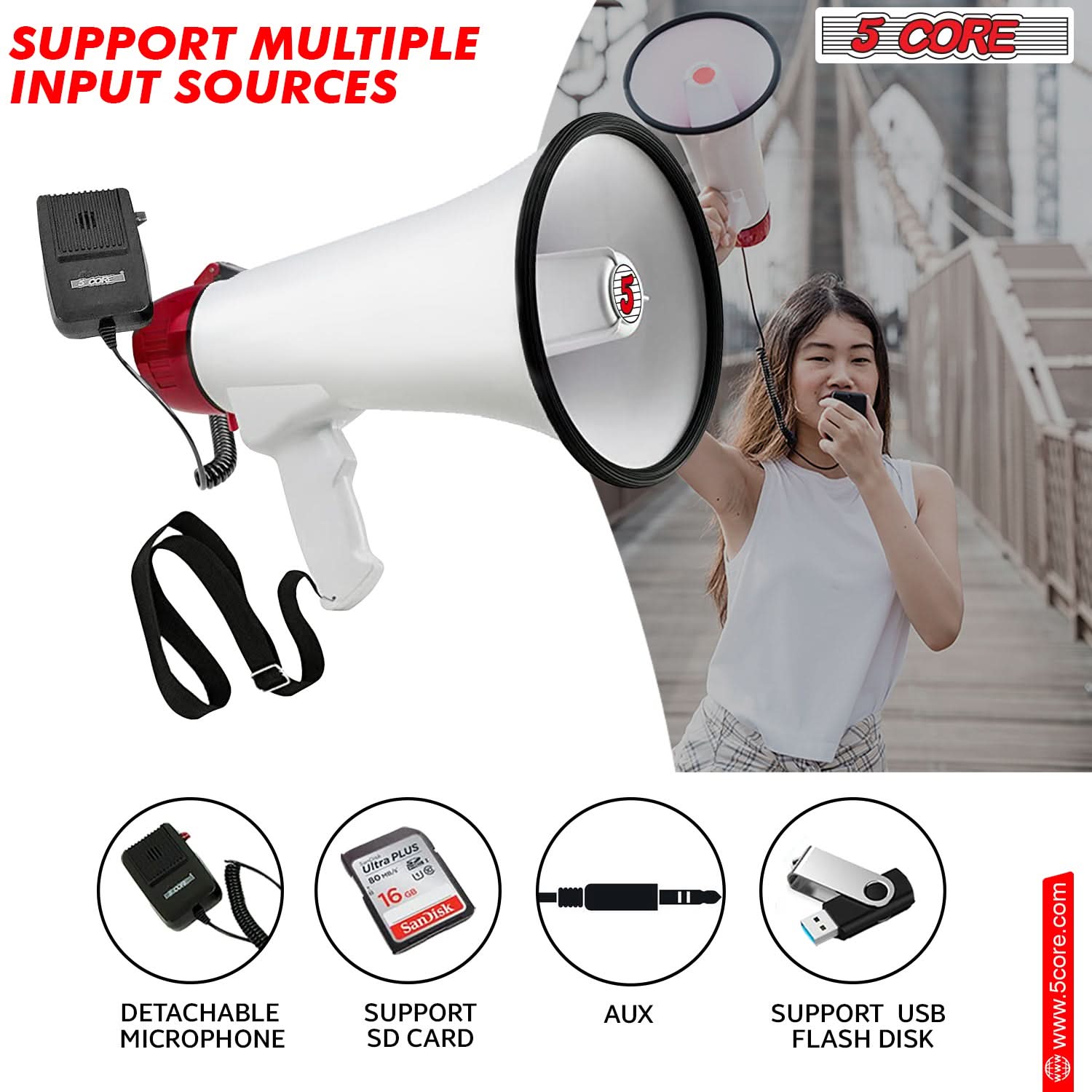 SUPPORT MULTIPLE INPUT SOURCES

5 CORE

- DETACHABLE MICROPHONE
- SUPPORT SD CARD
- AUX
- SUPPORT USB FLASH DISK

www.5core.com