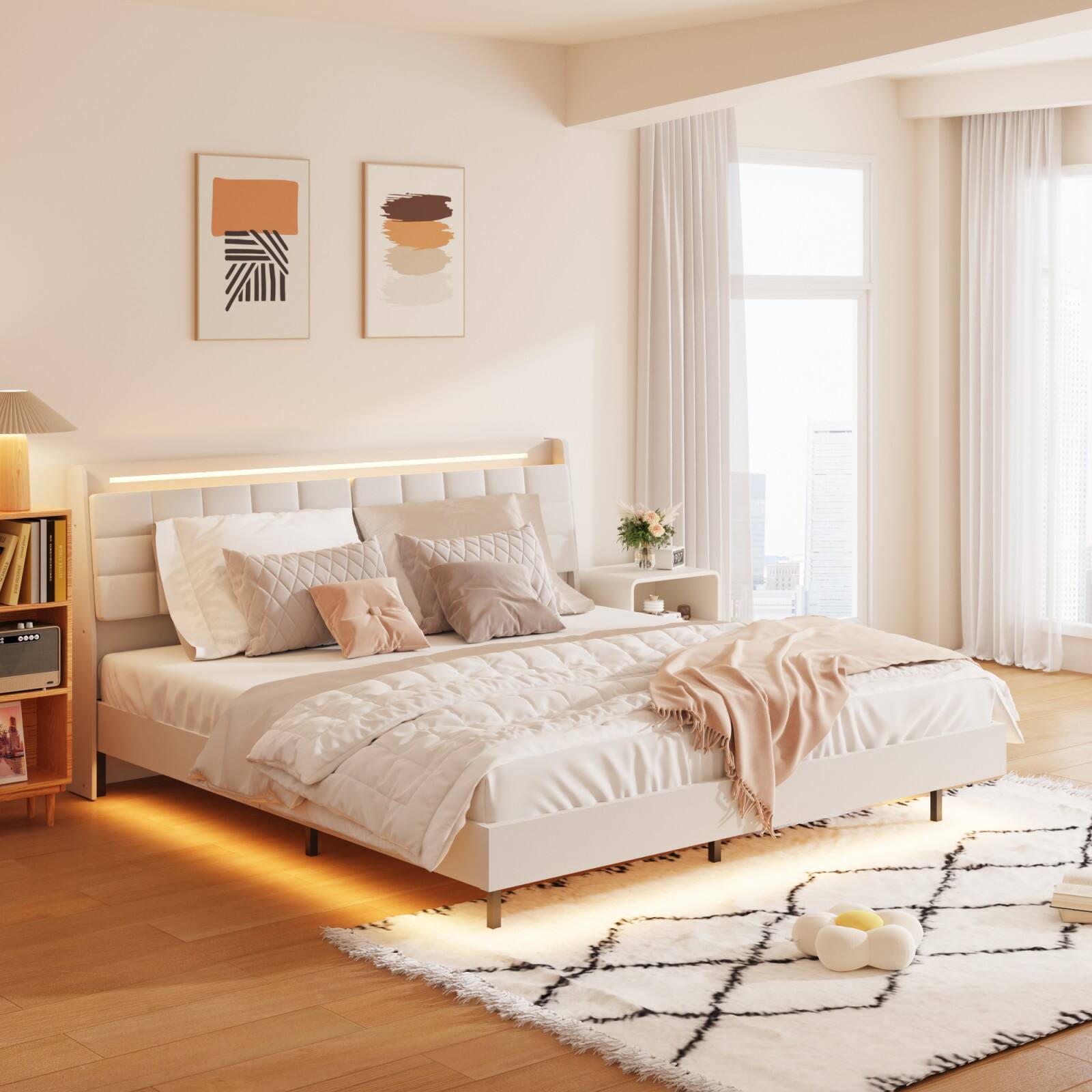 Alt View 1. Ecooso - King Floating Bed Frame，LED Light，Charging，Upholstered Headboard and Hidden Storage Space, No Box Spring Needed - Beige.