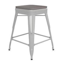 Emma + Oliver - Kam Backless Metal Indoor-Outdoor Stool with All-Weather Polystyrene Seat - Gray Seat/White Frame
