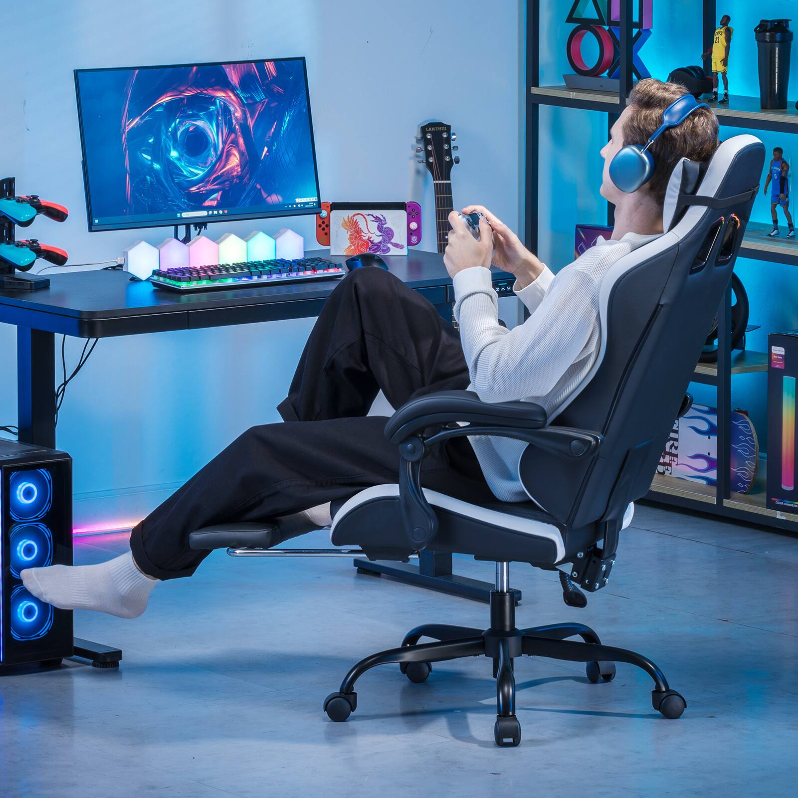 Alt View 4. GTPlayer - Gaming Chair with Footrest Ergonomic Computer Chair,White - White.