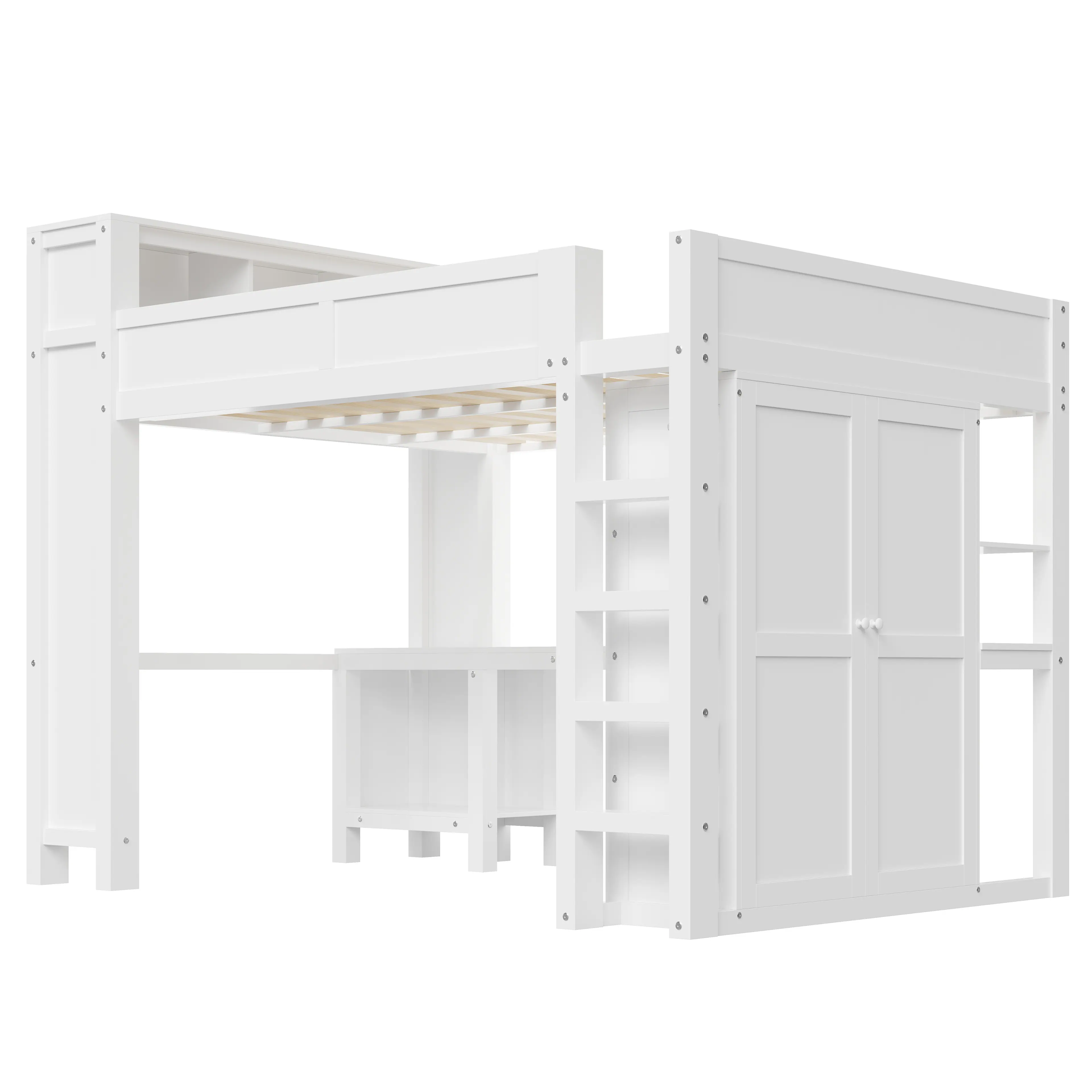Left. Whisen - Queen Loft Bed with Wardrobe, Desk, and Headboard Storage, Wooden Bed Frame with USB Port and Shelving - White.