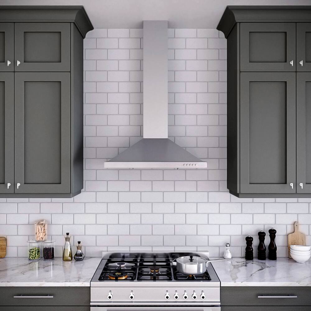 Left. Streamline - 30 in. Giganti Convertible Wall Mount 220 CFM Range Hood, Baffle Filters, Push Button Control, LED Light - Brushed Stainless Steel.