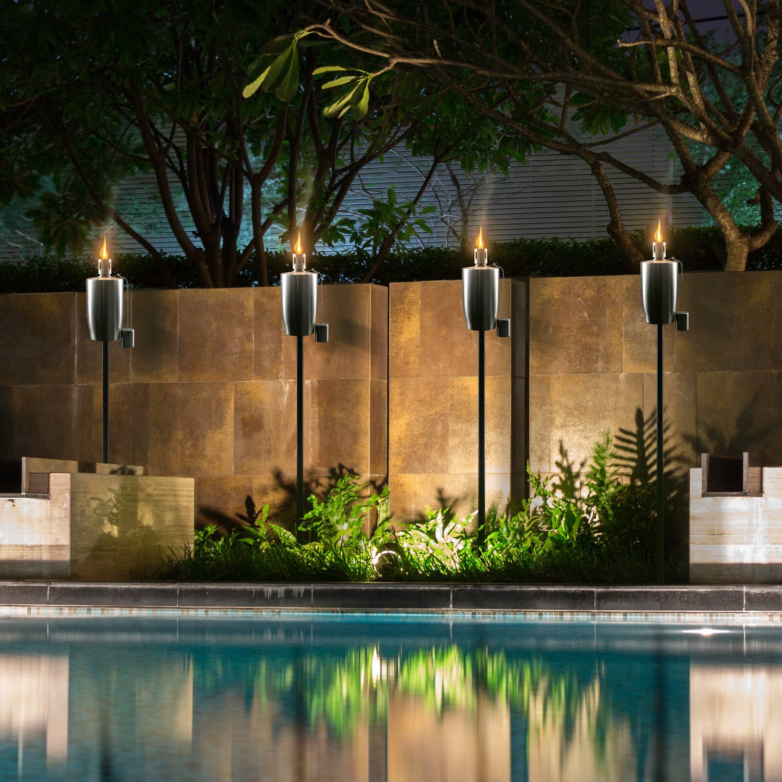 Alt View 4. Sorbus - Matney Stainless Steel Outdoor Torches Decorative Garden Yard Lights 5 ft Oil Lamp Citronella, Lawn, Backyard Parties - Silver 4 Pack.