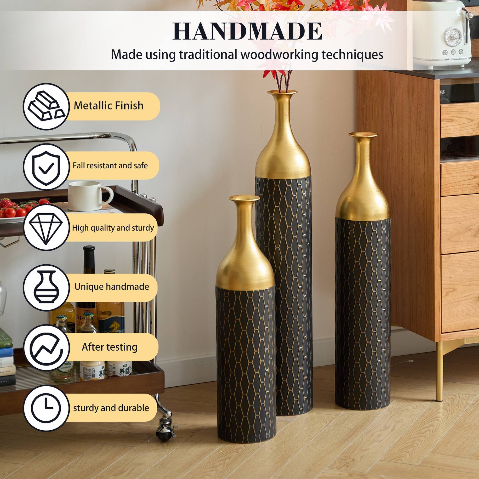 HANDMADE  
Made using traditional woodworking techniques

- Metallic Finish
- Fall resistant and safe
- High quality and sturdy
- Unique handmade
- After testing
- Sturdy and durable