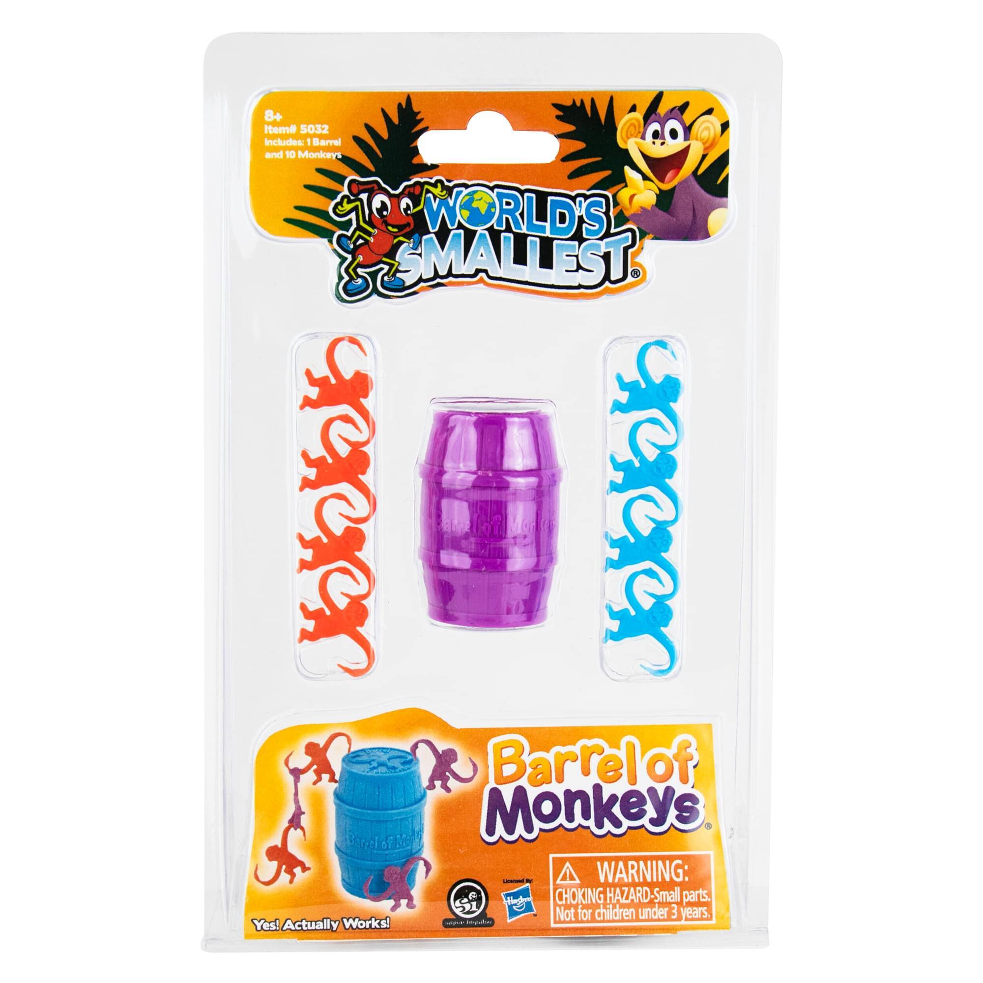8+ Items 5032 Includes: Barrel and 10 Monkeys - WORLD'S SMALLEST Barrel of Monkeys - WARNING: CHOKING HAZARD-Small parts. Not for children under 3 years. Yes! Actually Works!