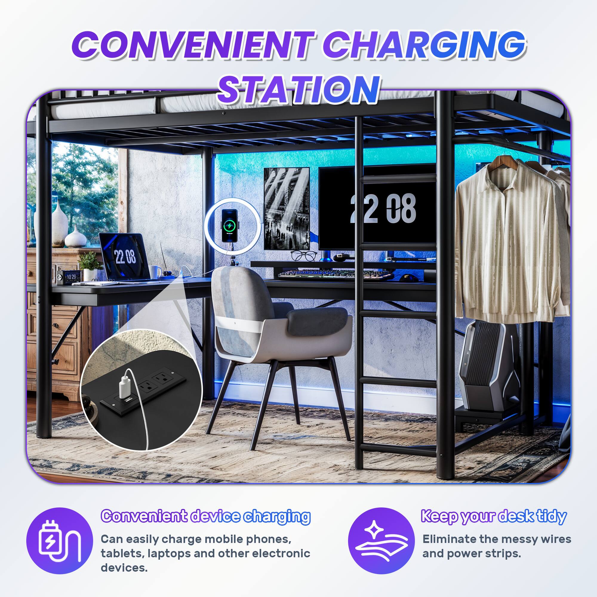 CONVENIENT CHARGING STATION

Convenient device charging
Can easily charge mobile phones, tablets, laptops and other electronic devices.

Keep your desk tidy
Eliminate the messy wires and power strips.