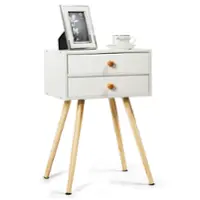 Costway - Mid Century Modern 2 Drawers Nightstand In Sofa Side Table End Table - White - Front_Zoom