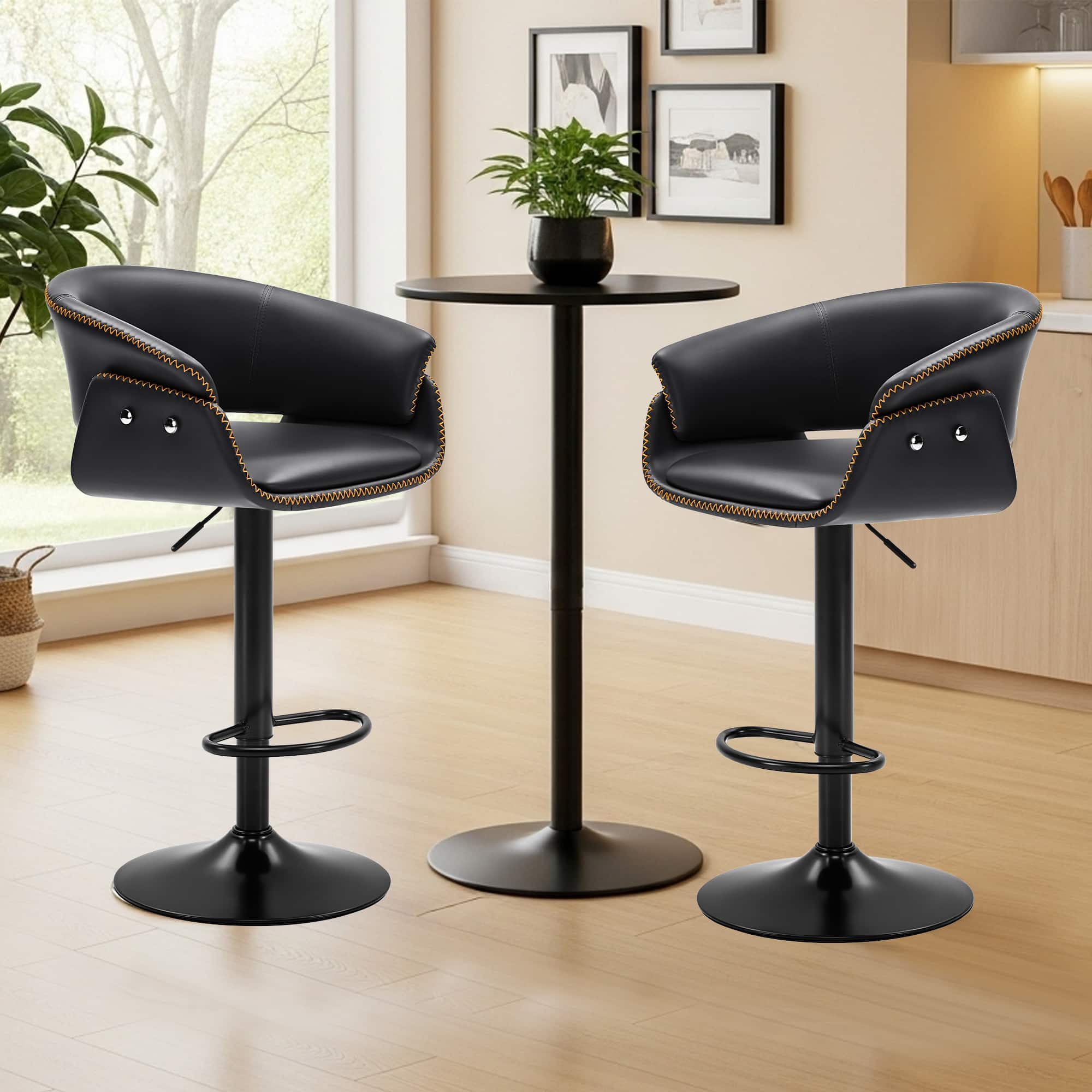Brick Attic - 2PCS 24"-32"Adjustable Height Upholstered Low Back Bar ,360° Swivel PU Counter Stool with Footrest - Black
