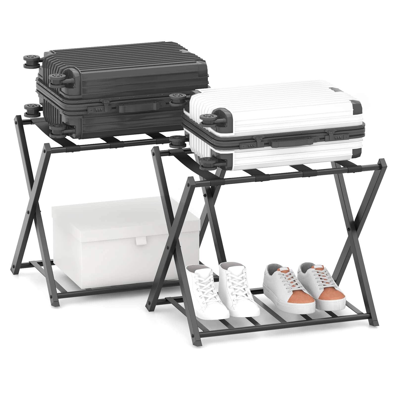 Front. Costway - Costway Set of 2 Folding Metal Luggage Rack Suitcase Shoe Holder Hotel Guestroom w/Shelf - Black.