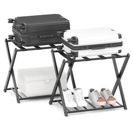 Costway - Set of 2 Folding Metal Luggage Rack Suitcase Shoe Holder Hotel Guestroom w/Shelf - Black