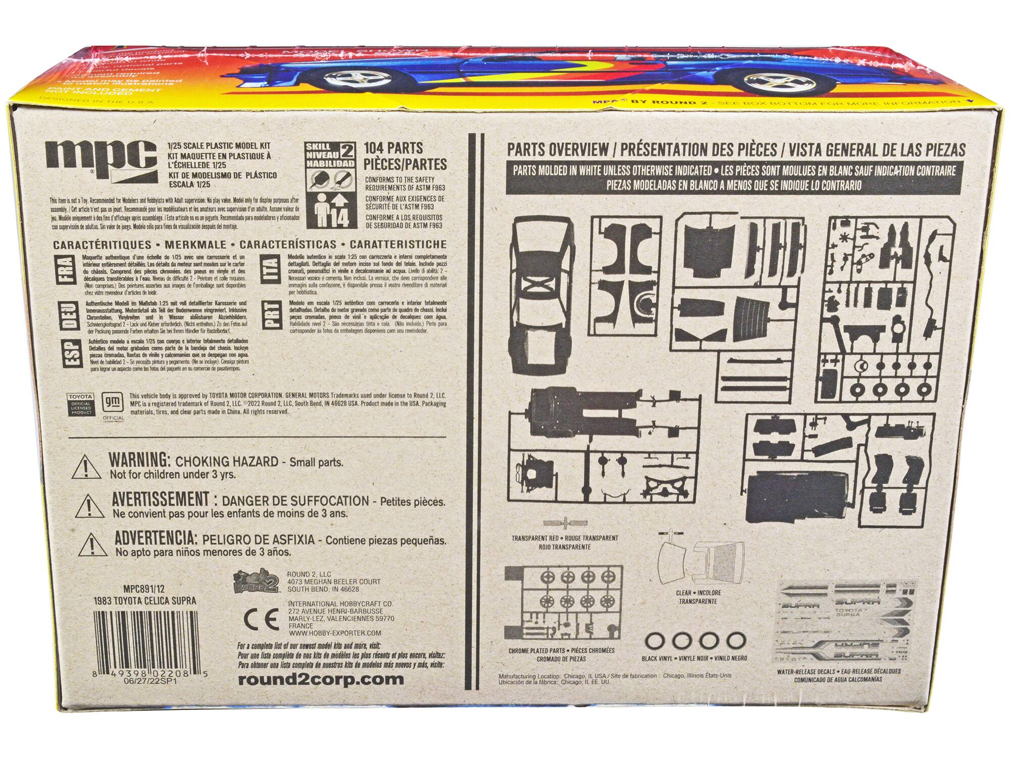 Sure, here is the corrected and grouped text from the image:

---

**MPC BY ROUND 2**

**1/25 SCALE PLASTIC MODEL KIT**  
KIT MAQUETTE EN PLASTIQUE A  
KIT DE MODELISMO DE PLASTICO  
ESCALA 1/25

**104 PARTS**  
PIÈCES/PARTES  
PIECES/PIECAS  
PIECES/PIECAS  
PIECES/PIECAS  
PIECES/PIECAS  
PIECES/PIECAS  
PIECES/PIECAS  
PIECES/PIECAS  
PIECES/PIECAS  
PIECES/PIECAS  
PIECES/PIECAS  
PIECES/PIECAS  
PIECES/PIECAS  
PIECES/PIECAS  
PIECES/PIECAS  
PIECES/PIECAS  
PIECES/PIECAS  
PIECES/PIECAS  
PIECES/PIECAS  
PIECES/PIECAS  
PIECES/PIECAS  
PIECES/PIECAS  
PIECES/PIECAS
