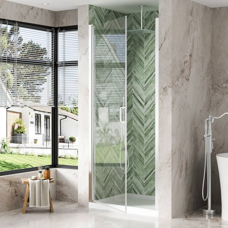 Alt View 1. WELLFOR - 34-7/16"-36"W x 72" H Semi-Frameless Pivot Shower Door -1/4 in. Tempered Glass, Easy Clean Coating - Chrome.